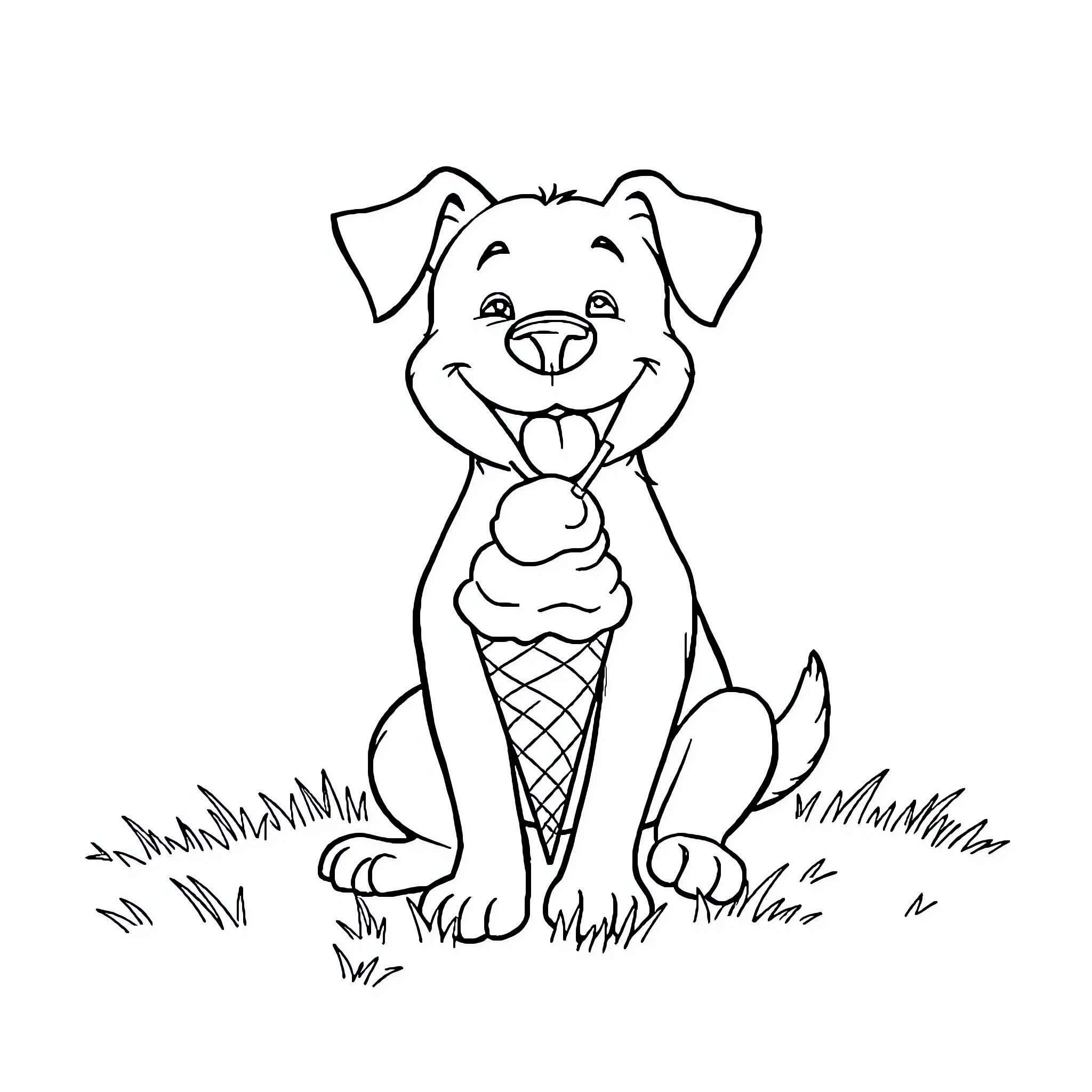 Dog enjoying an ice cream cone in the park Coloring Page (free black-and-white line drawing printable PDF for all, from beginners to advanced learners, including children, teens, adults, and seniors)
