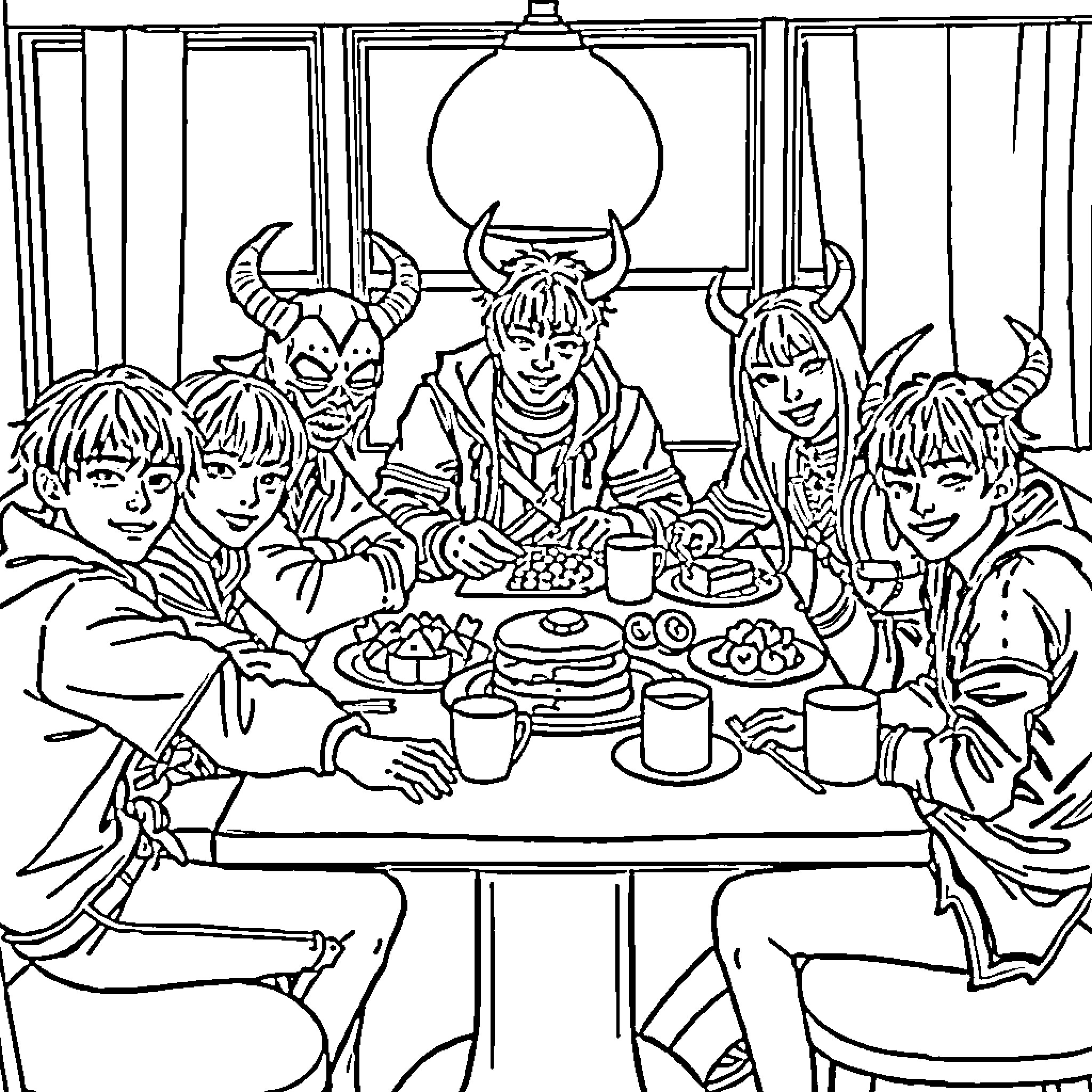 Kpop Demon Hunters Enjoying a Feast Together Coloring Page (free black-and-white line drawing printable PDF for all, from beginners to advanced learners, including children, teens, adults, and seniors)
