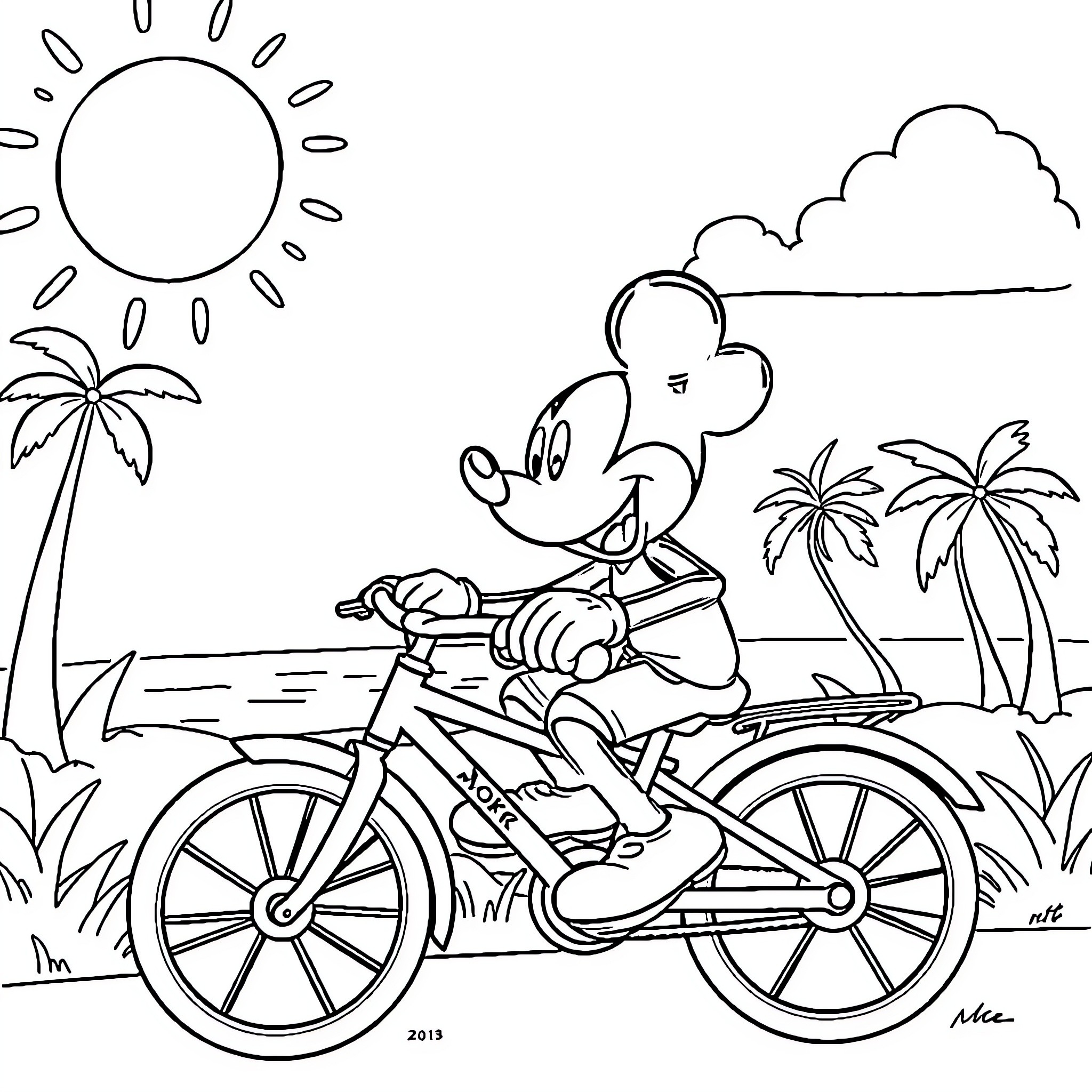 Mickey Mouse cycling on the beach Coloring Page (free black-and-white line drawing printable PDF for all, from beginners to advanced learners, including children, teens, adults, and seniors)