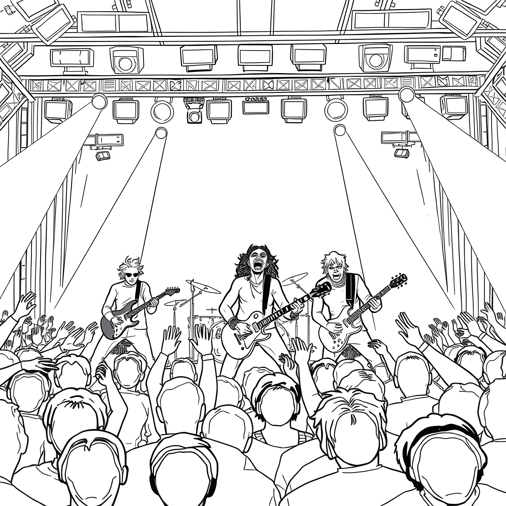 Audioslave performing on stage for enthusiastic crowd Coloring Page (free black-and-white line drawing printable PDF for all, from beginners to advanced learners, including children, teens, adults, and seniors)