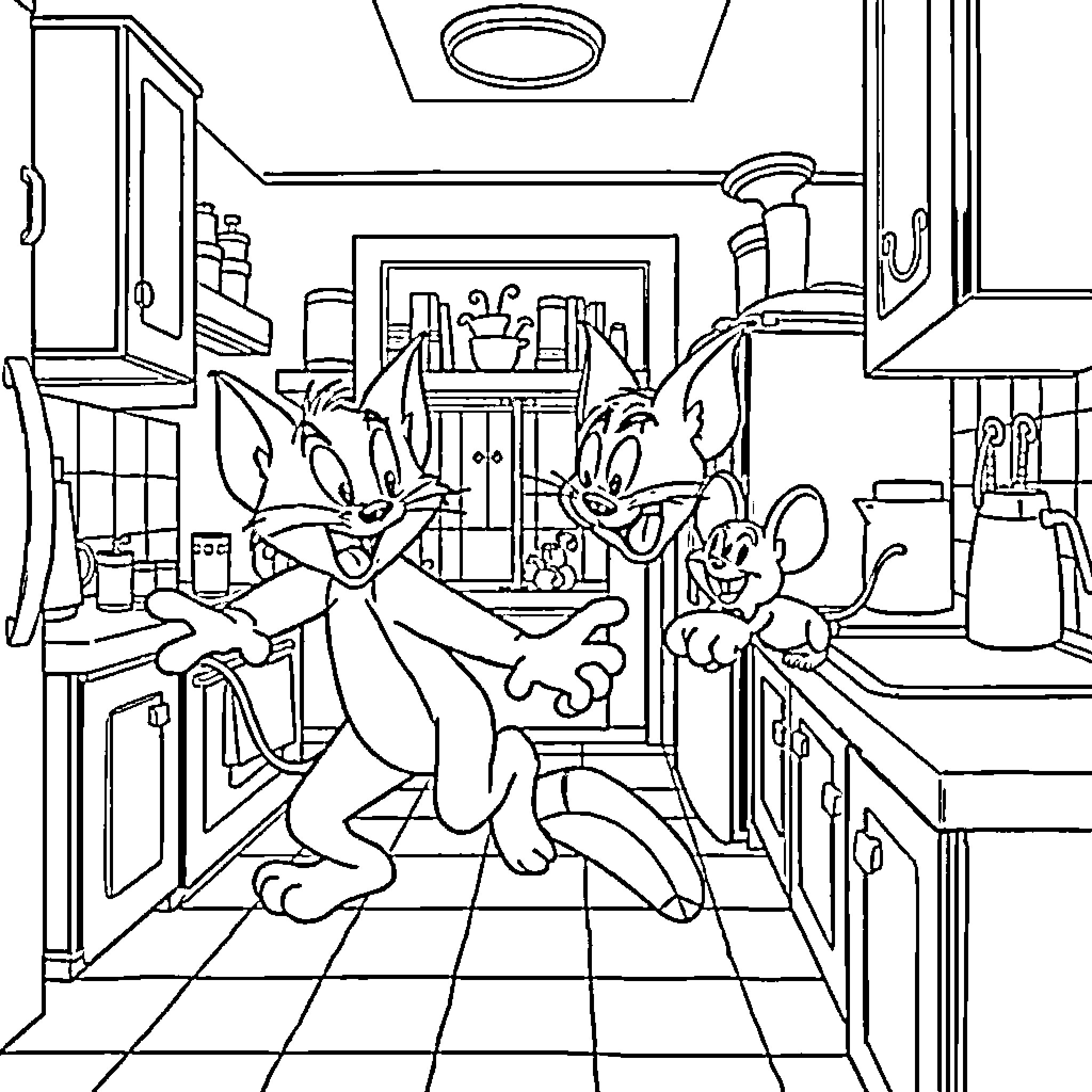 Tom and Jerry's Kitchen Chaos Coloring Page (free black-and-white line drawing printable PDF for all, from beginners to advanced learners, including children, teens, adults, and seniors)
