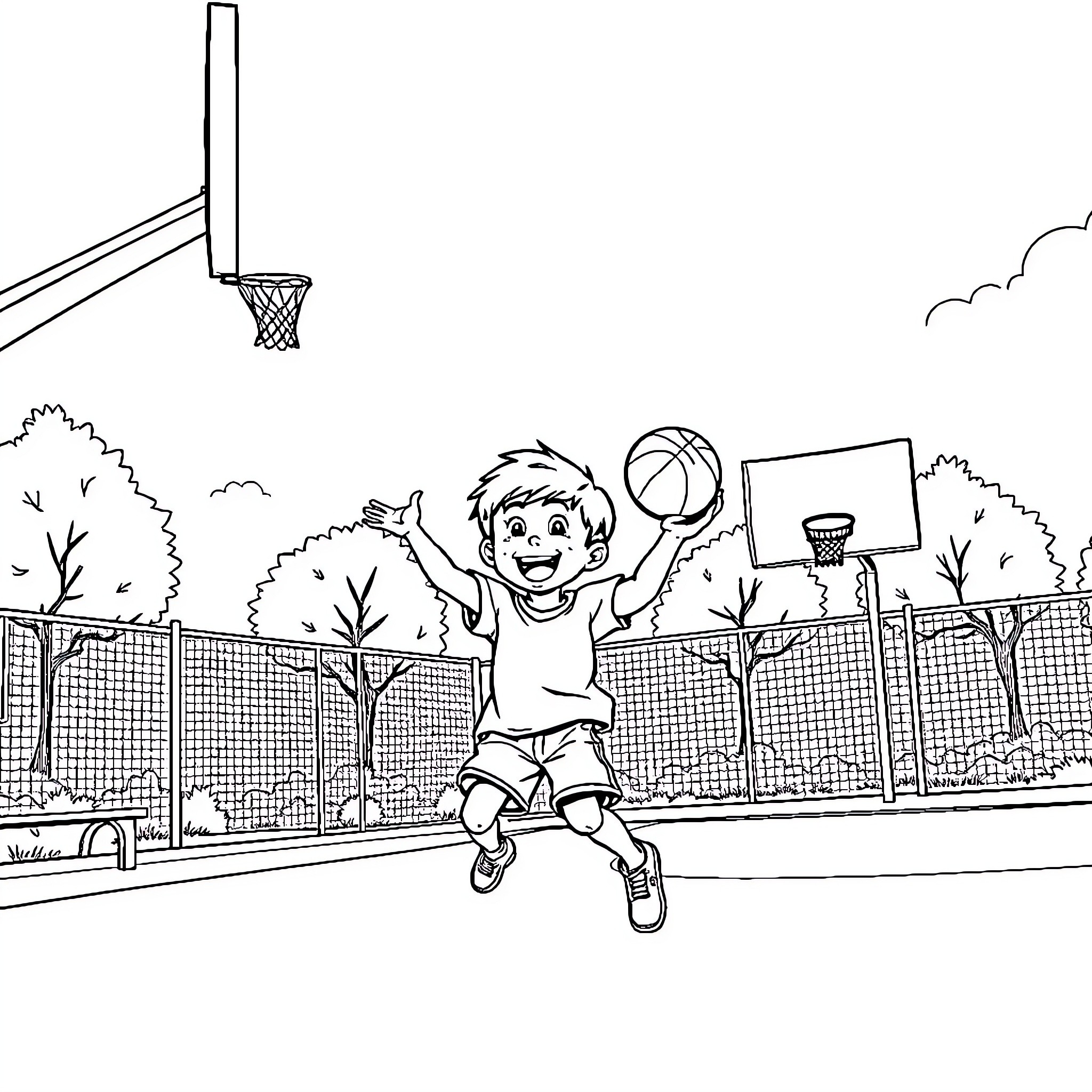 Boy playing basketball happily on the court Coloring Page (free black-and-white line drawing printable PDF for all, from beginners to advanced learners, including children, teens, adults, and seniors)