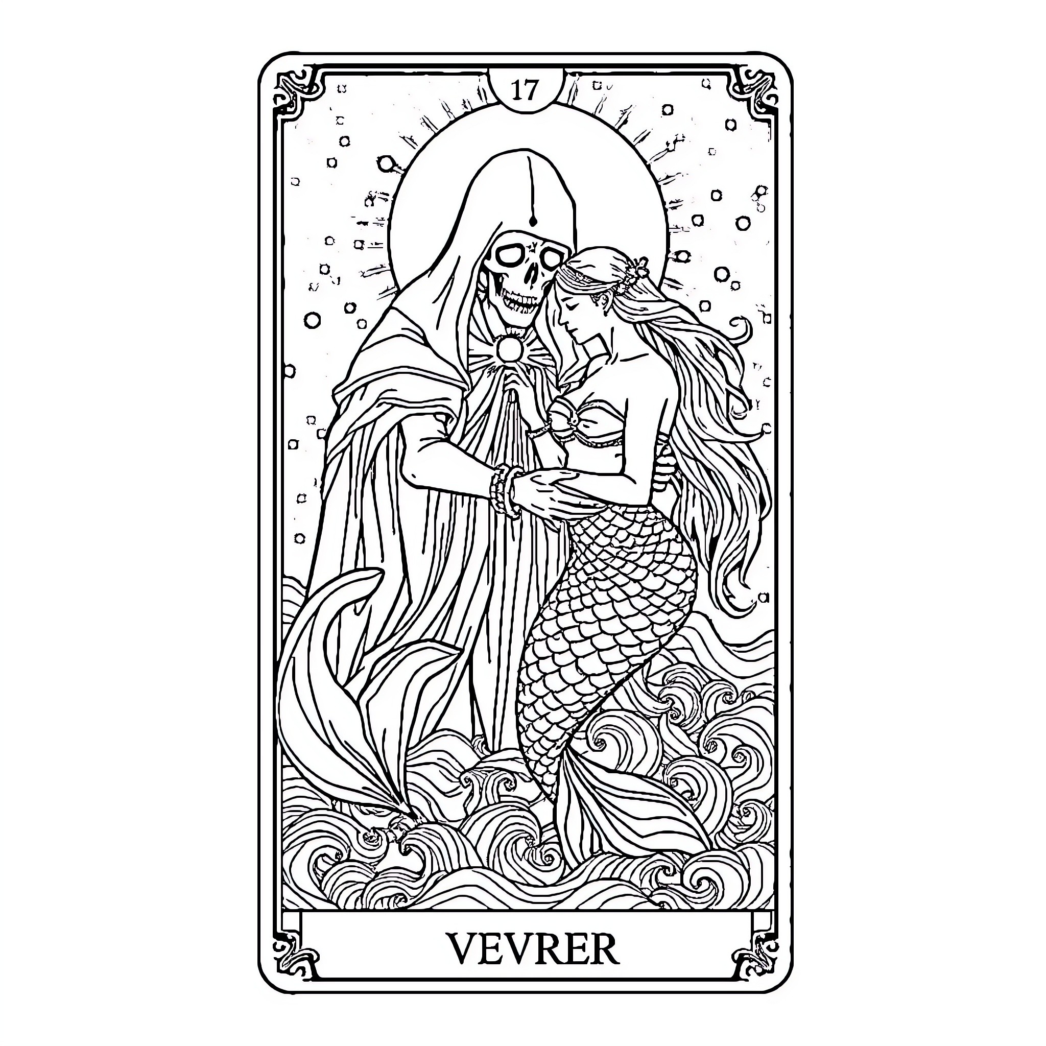 Tarot card depicting a mermaid and a hooded figure Coloring Page (free black-and-white line drawing printable PDF for all, from beginners to advanced learners, including children, teens, adults, and seniors)