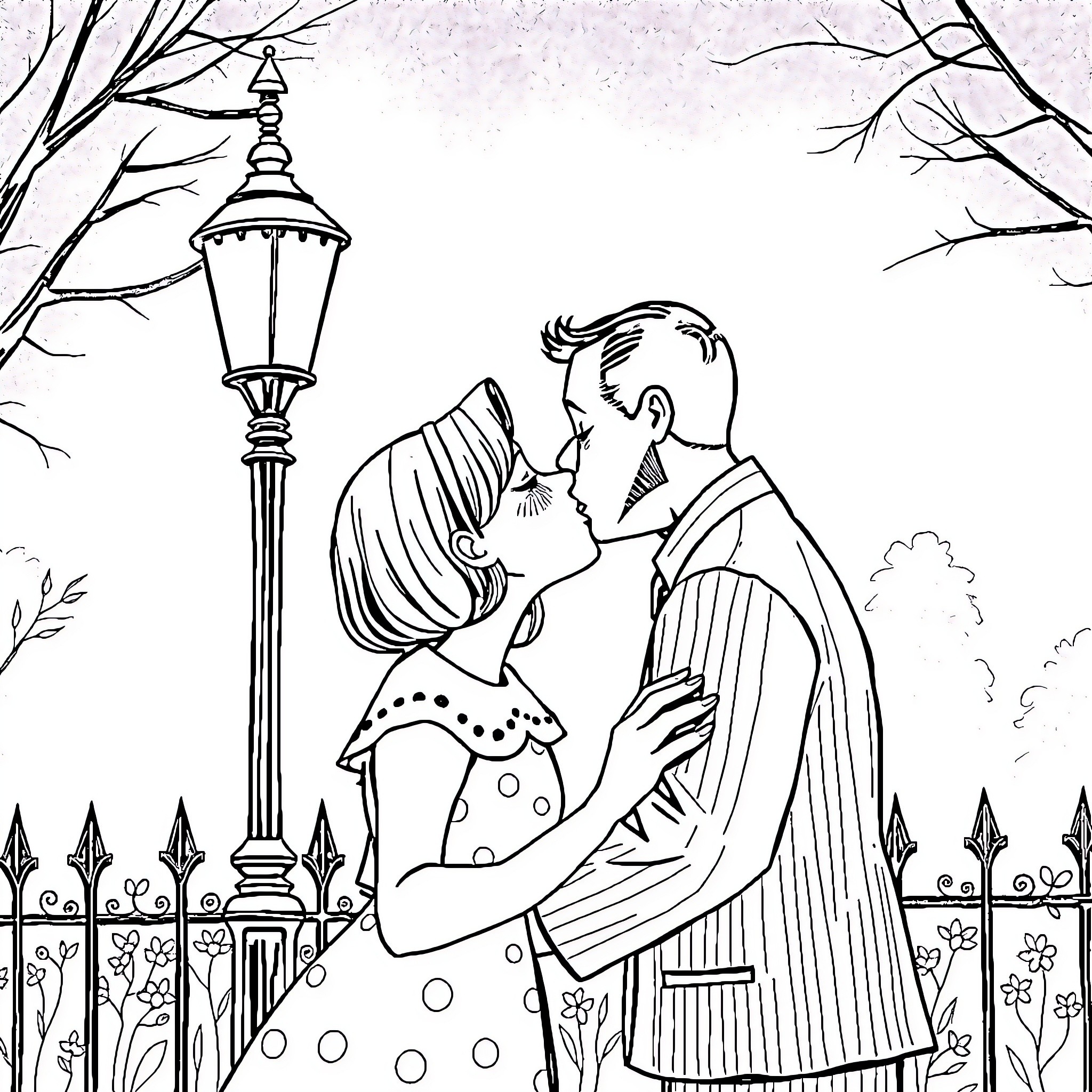 Wednesday Addams in a romantic embrace under a streetlamp Coloring Page (free black-and-white line drawing printable PDF for all, from beginners to advanced learners, including children, teens, adults, and seniors)