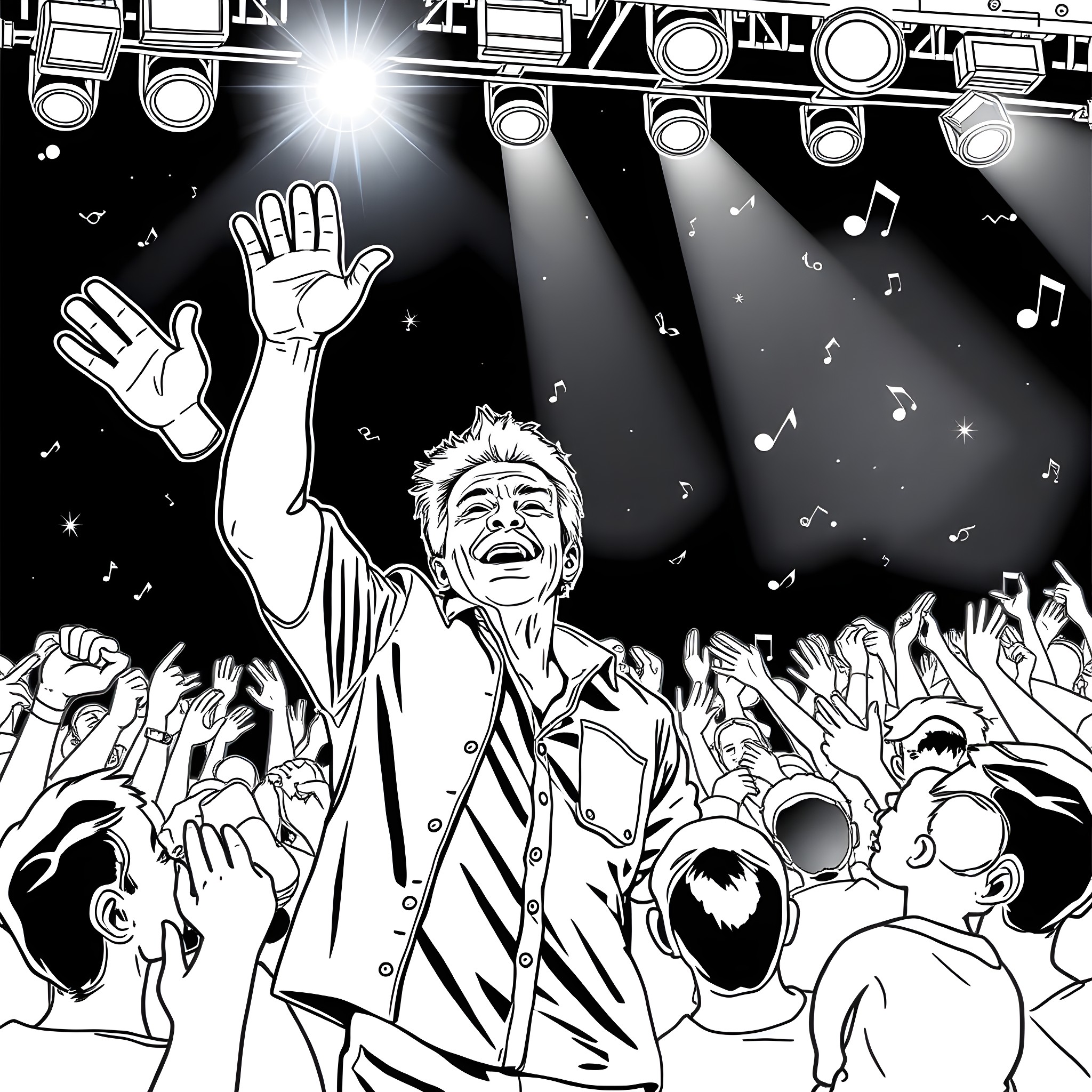 Guy on stage performing for enthusiastic crowd Coloring Page (free black-and-white line drawing printable PDF for all, from beginners to advanced learners, including children, teens, adults, and seniors)