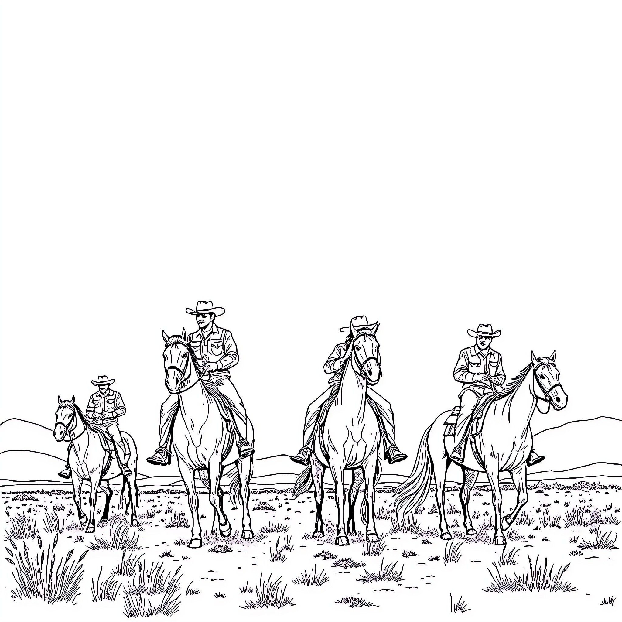 Cowboy crew riding horses on the prairie Coloring Page (free black-and-white line drawing printable PDF for all, from beginners to advanced learners, including children, teens, adults, and seniors)