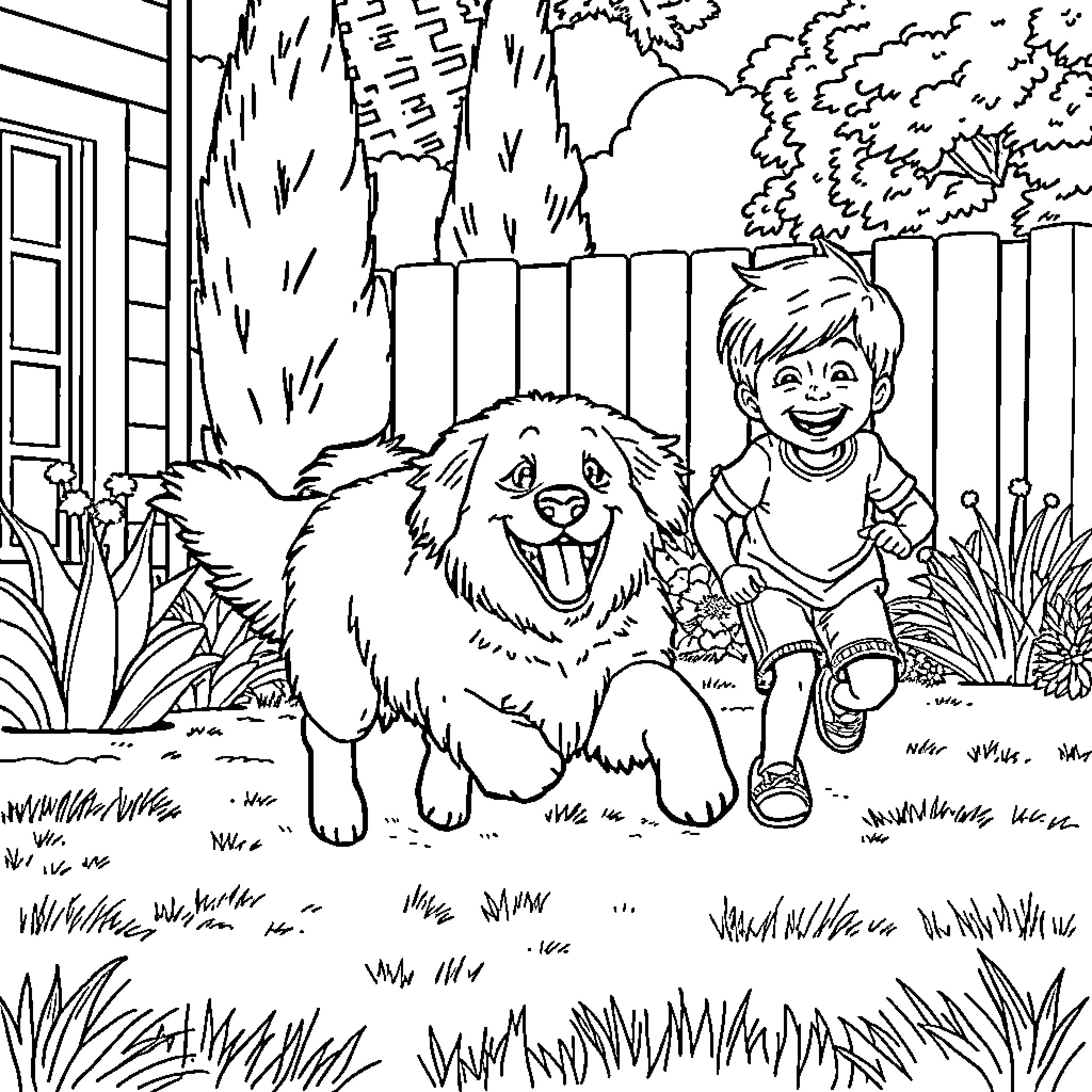 Golden Retriever playing with a child in the backyard Coloring Page (free black-and-white line drawing printable PDF for all, from beginners to advanced learners, including children, teens, adults, and seniors)