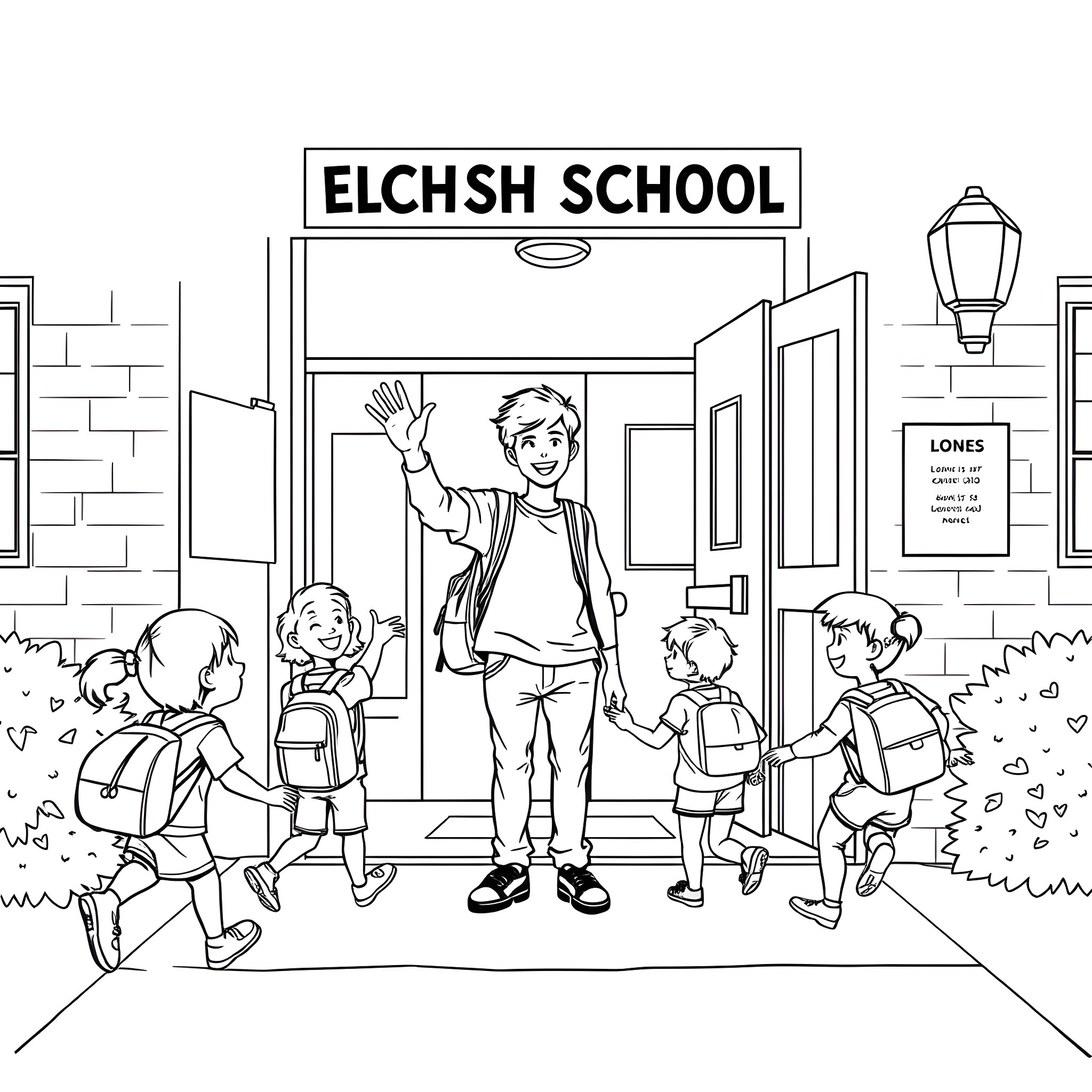 Teenager entering school with classmates Coloring Page (free black-and-white line drawing printable PDF for all, from beginners to advanced learners, including children, teens, adults, and seniors)