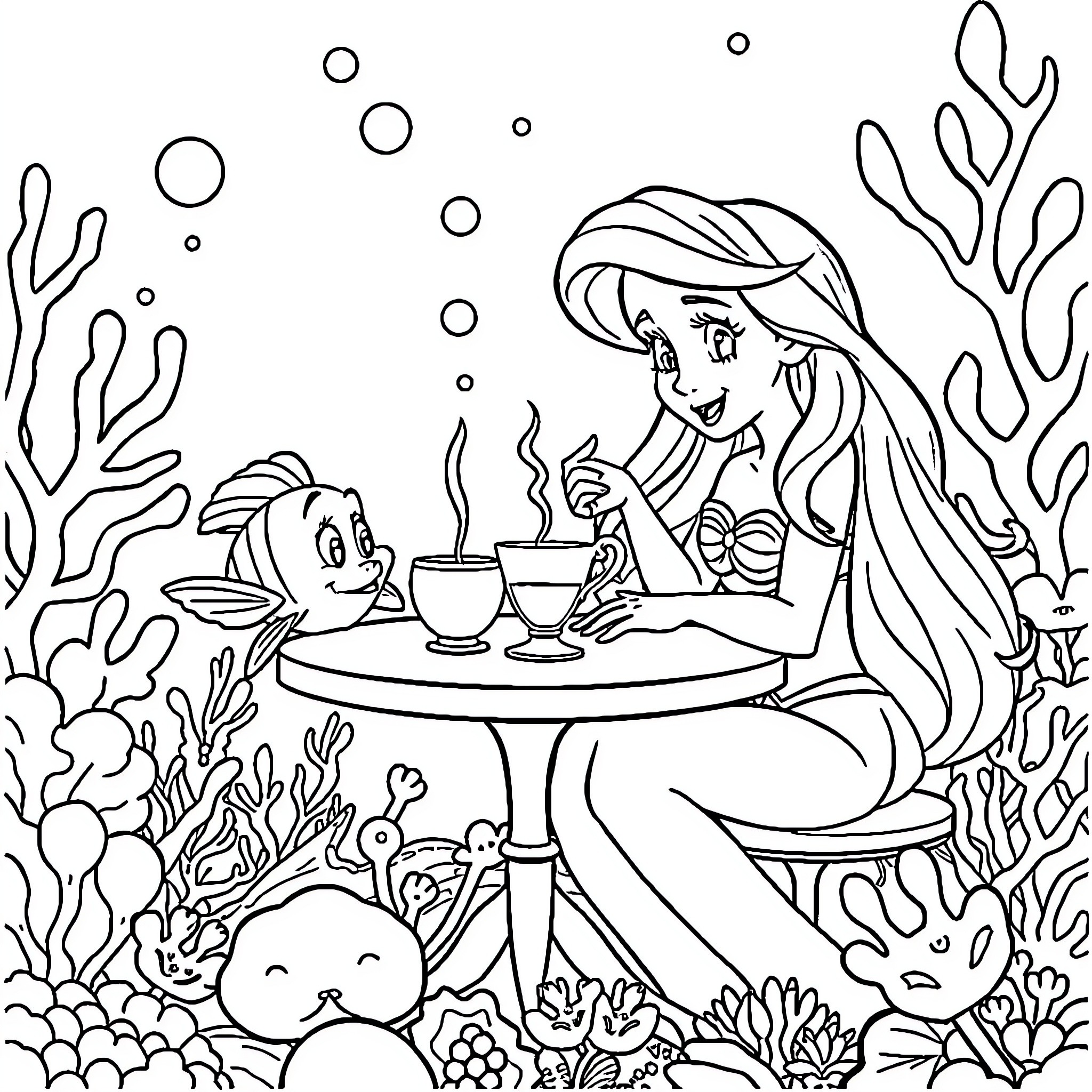 Ariel enjoying a cozy tea party in the underwater garden Coloring Page (free black-and-white line drawing printable PDF for all, from beginners to advanced learners, including children, teens, adults, and seniors)