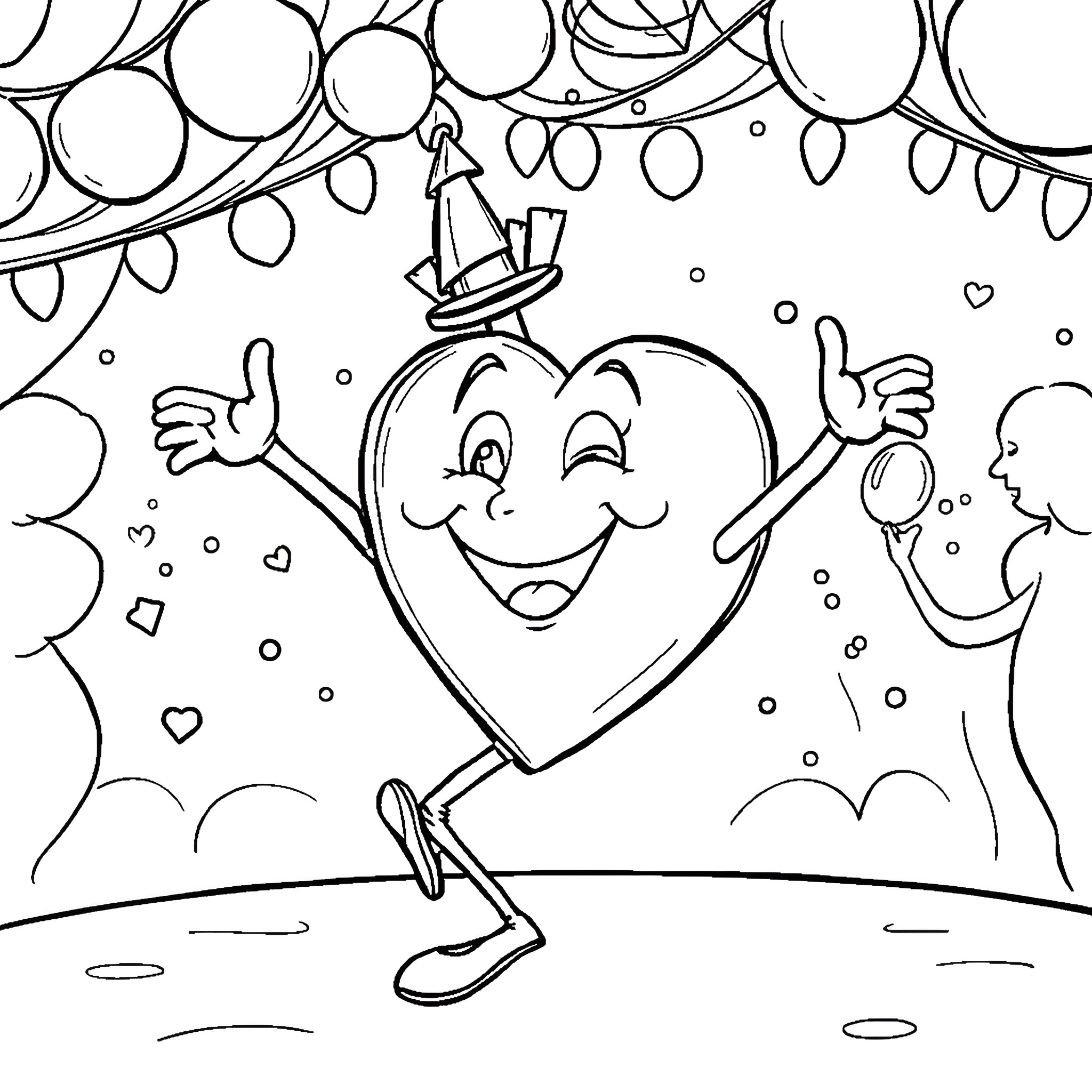 Heart joyfully celebrating with party decorations Coloring Page (free black-and-white line drawing printable PDF for all, from beginners to advanced learners, including children, teens, adults, and seniors)
