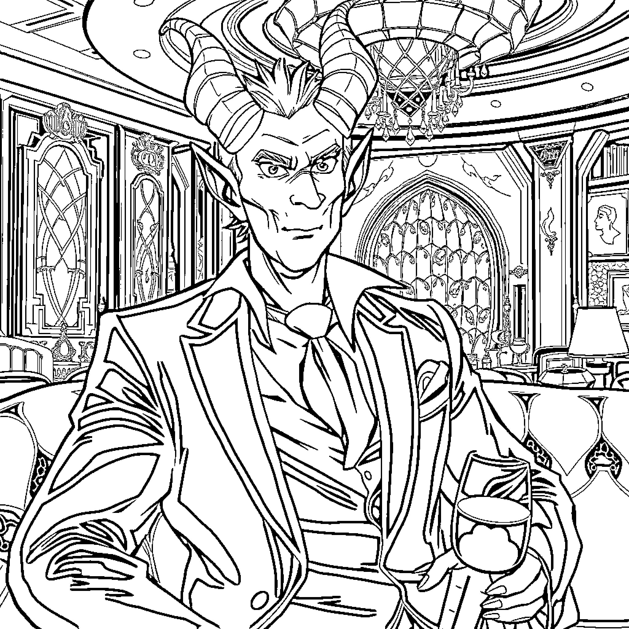 Lucifer: The Devil's Temptation in a Lavish Setting Coloring Page (free black-and-white line drawing printable PDF for all, from beginners to advanced learners, including children, teens, adults, and seniors)