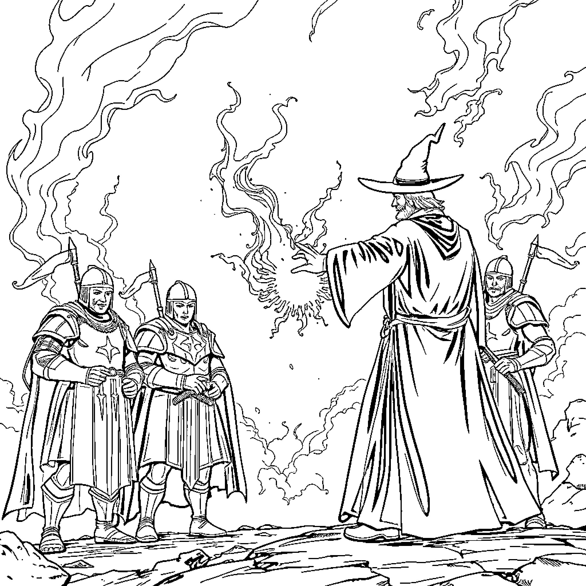 Wizard summoning arcane powers with knights in attendance Coloring Page (free black-and-white line drawing printable PDF for all, from beginners to advanced learners, including children, teens, adults, and seniors)