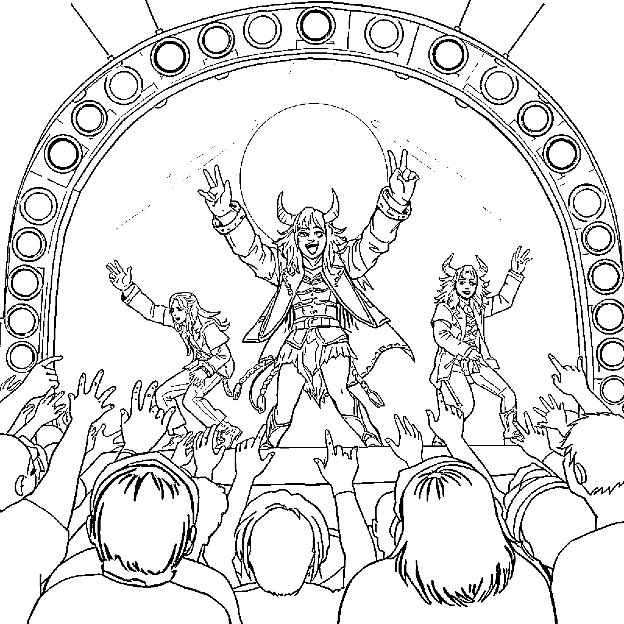 Rumi's Energetic Rock Concert Performance Coloring Page (free black-and-white line drawing printable PDF for all, from beginners to advanced learners, including children, teens, adults, and seniors)