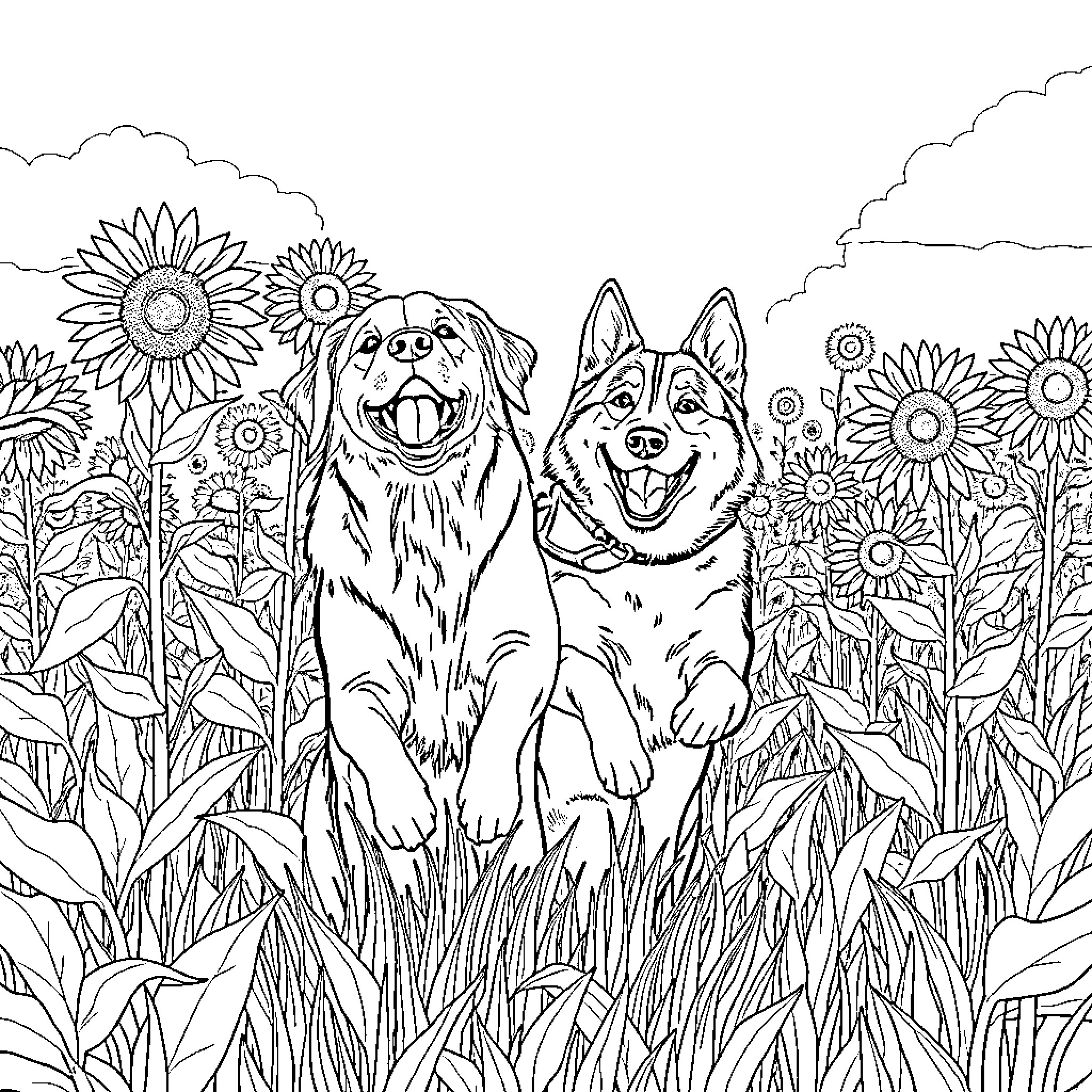 Dogs playing joyfully in a sunlit meadow Coloring Page (free black-and-white line drawing printable PDF for all, from beginners to advanced learners, including children, teens, adults, and seniors)