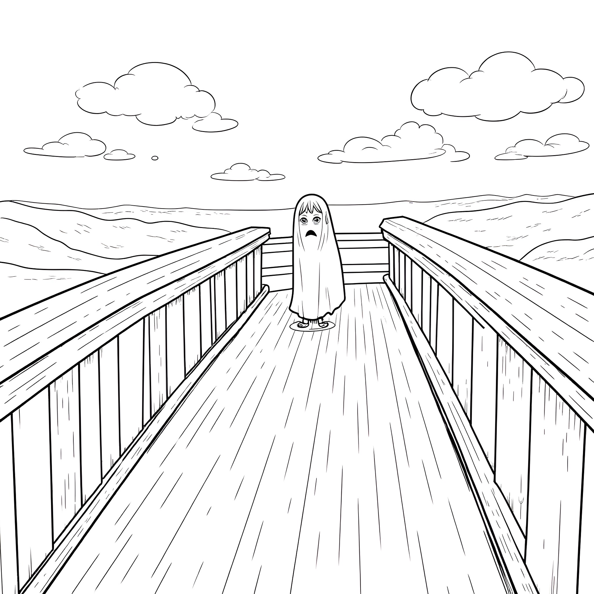 Ghost floating alone on a wooden bridge Coloring Page (free black-and-white line drawing printable PDF for all, from beginners to advanced learners, including children, teens, adults, and seniors)