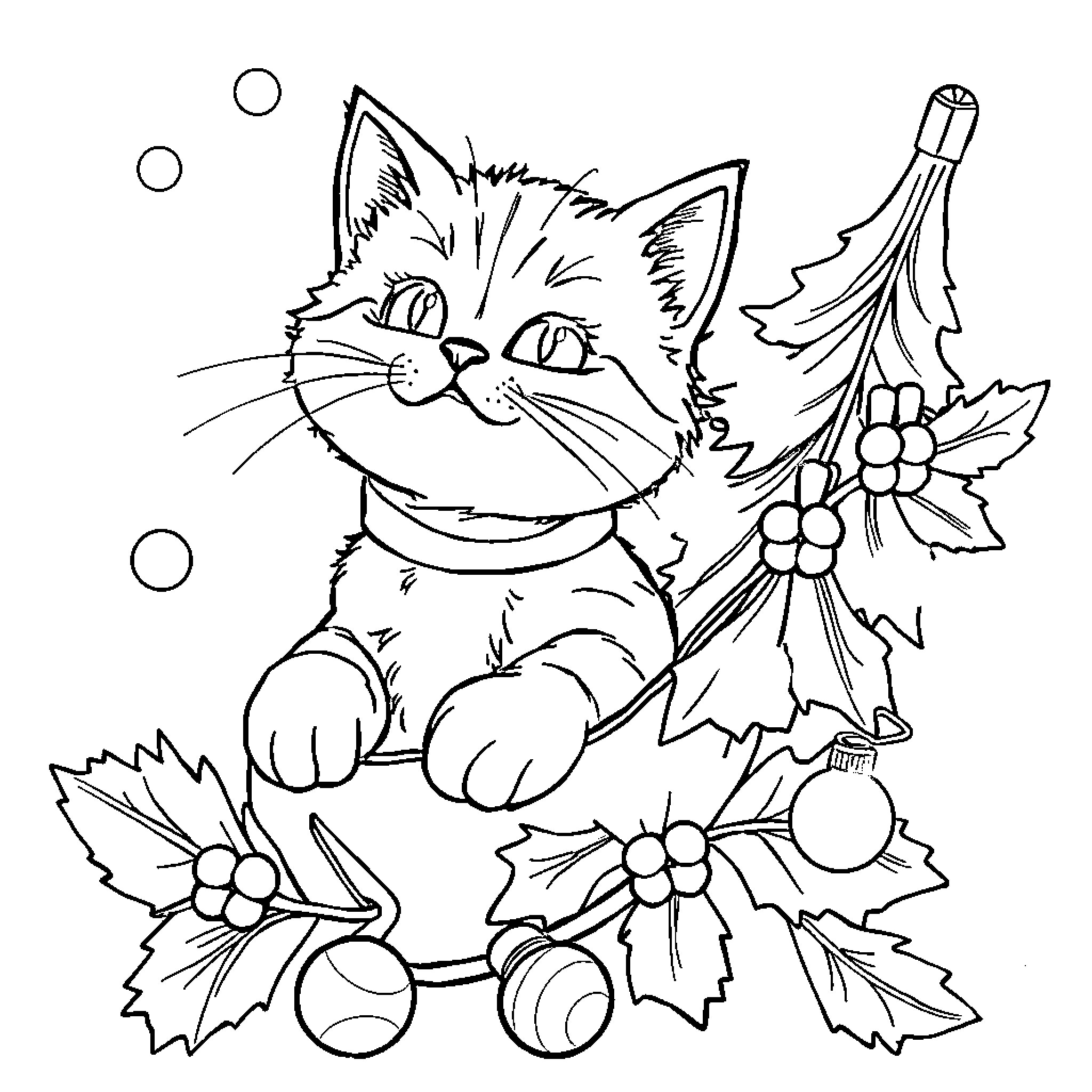 Cat playing amidst holiday decorations Coloring Page (free black-and-white line drawing printable PDF for all, from beginners to advanced learners, including children, teens, adults, and seniors)