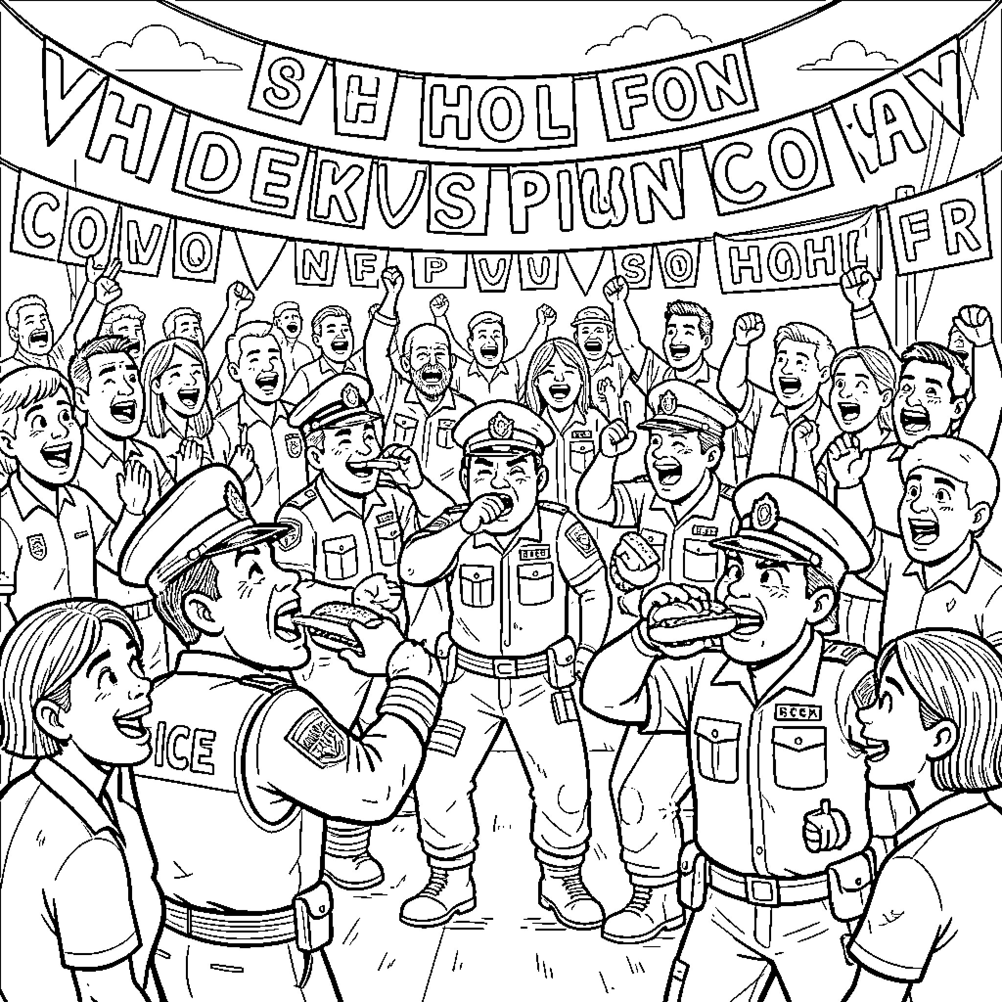 Agent Rally of Uniformed Personnel Coloring Page (free black-and-white line drawing printable PDF for all, from beginners to advanced learners, including children, teens, adults, and seniors)