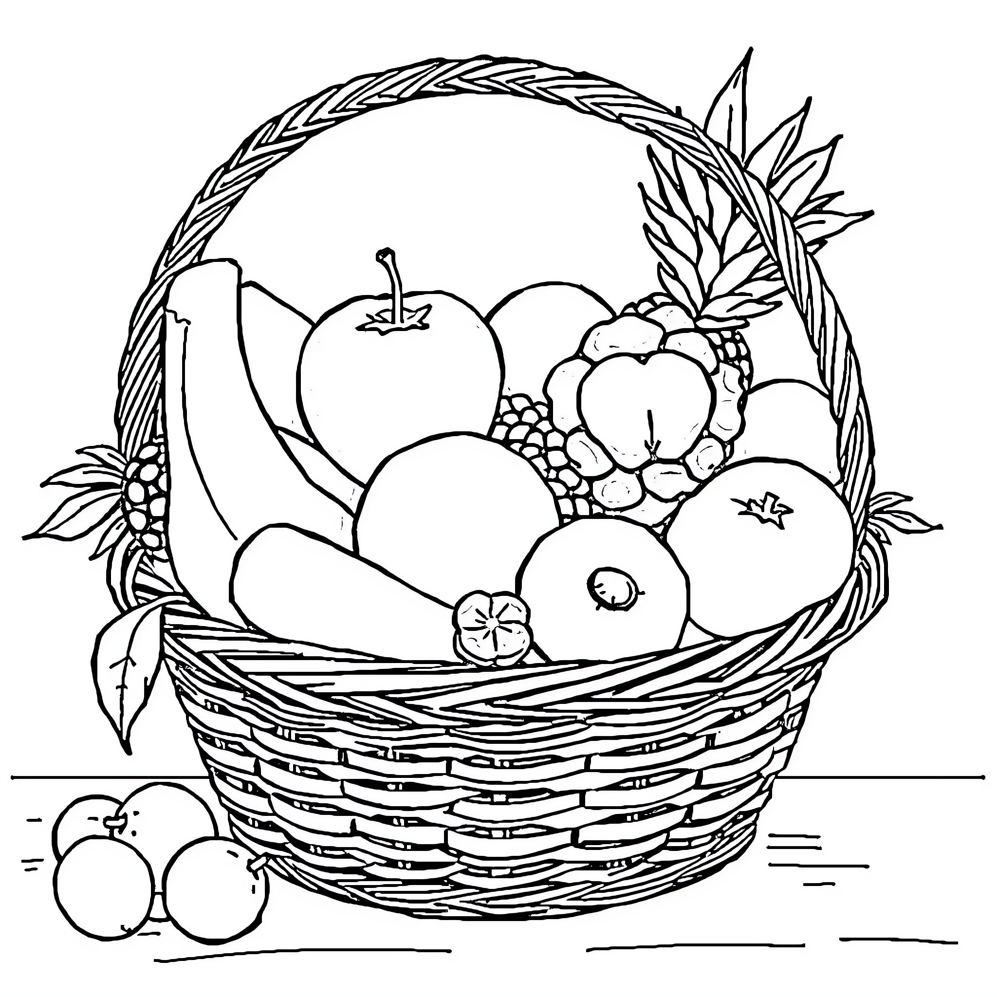 Fruit basket filled with diverse produce Coloring Page (free black-and-white line drawing printable PDF for all, from beginners to advanced learners, including children, teens, adults, and seniors)