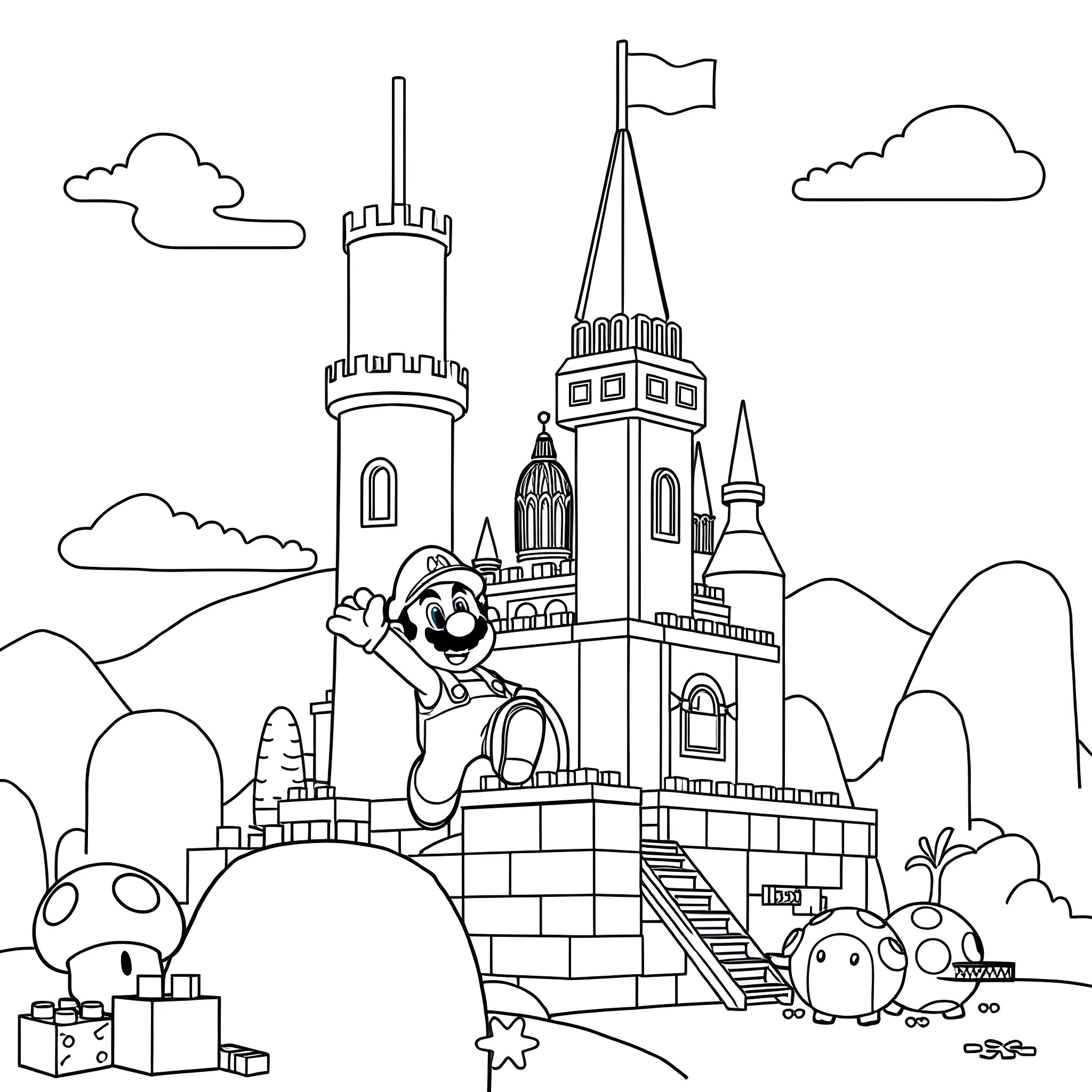 Super Mario Exploring the Magical Castle Coloring Page (free black-and-white line drawing printable PDF for all, from beginners to advanced learners, including children, teens, adults, and seniors)