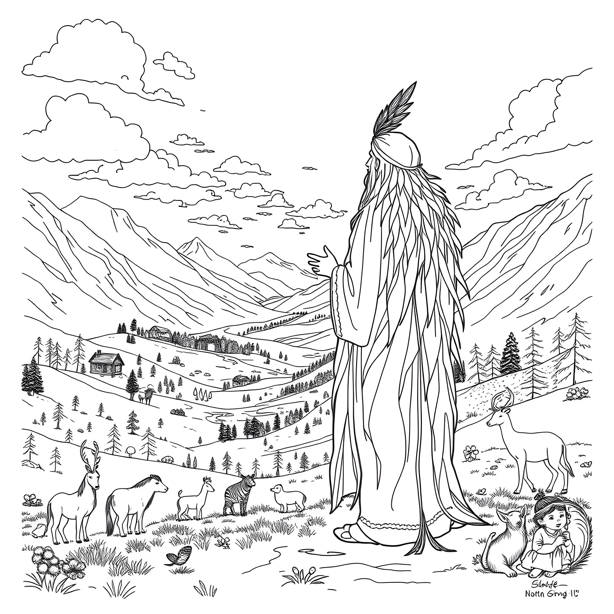 Spirit journey through the majestic mountain landscape Coloring Page (free black-and-white line drawing printable PDF for all, from beginners to advanced learners, including children, teens, adults, and seniors)