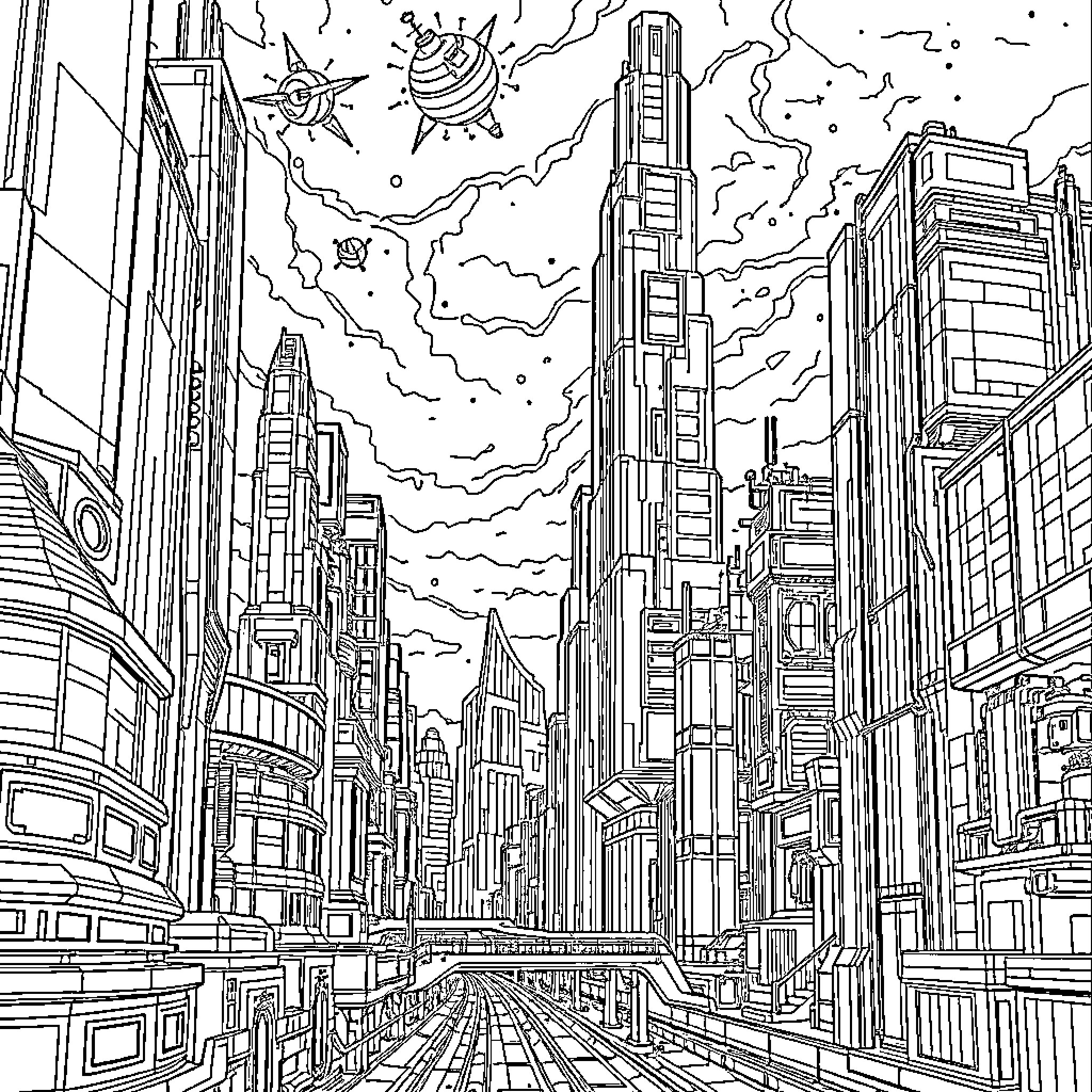 Systemium: Futuristic Metropolis in Monochrome Coloring Page (free black-and-white line drawing printable PDF for all, from beginners to advanced learners, including children, teens, adults, and seniors)