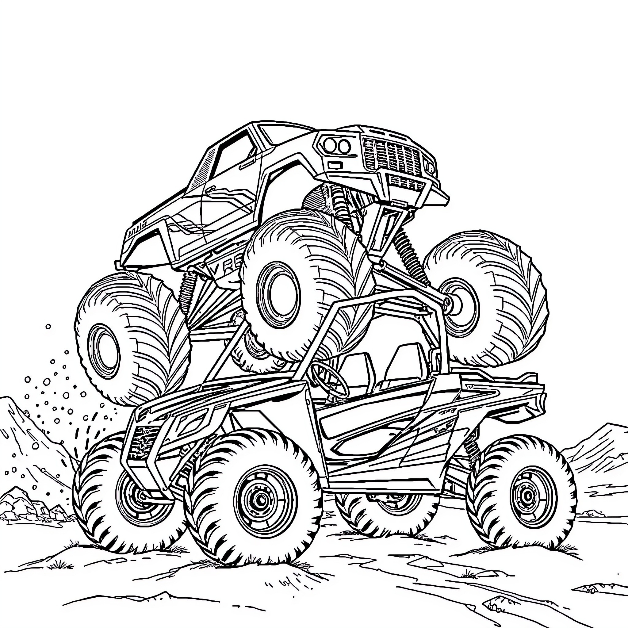 Monster Truck Crushing Obstacles on the Trail Coloring Page (free black-and-white line drawing printable PDF for all, from beginners to advanced learners, including children, teens, adults, and seniors)
