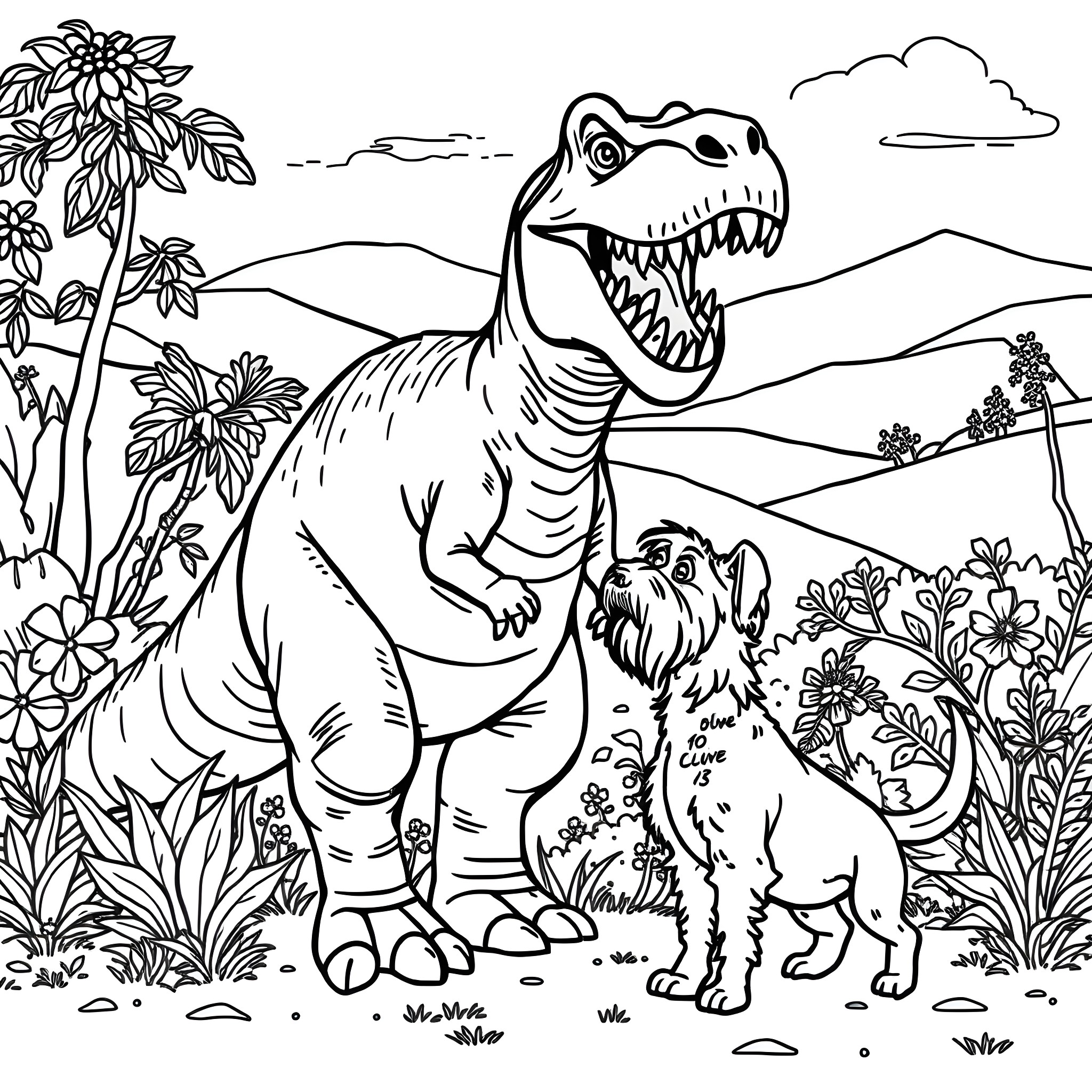 Dinosaur and Dog in Tropical Landscape Coloring Page (free black-and-white line drawing printable PDF for all, from beginners to advanced learners, including children, teens, adults, and seniors)