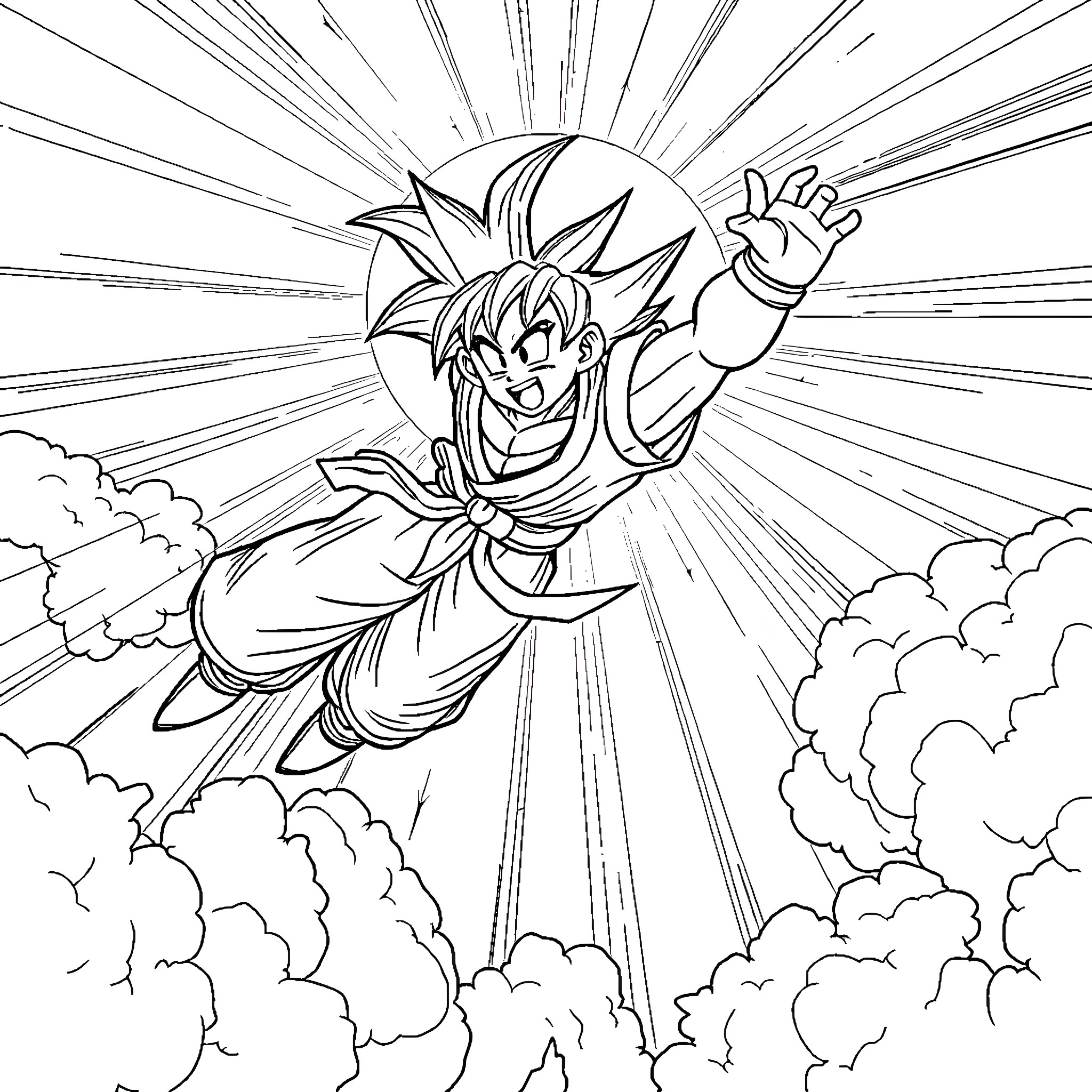 Son Goku soaring through the clouds with determination Coloring Page (free black-and-white line drawing printable PDF for all, from beginners to advanced learners, including children, teens, adults, and seniors)