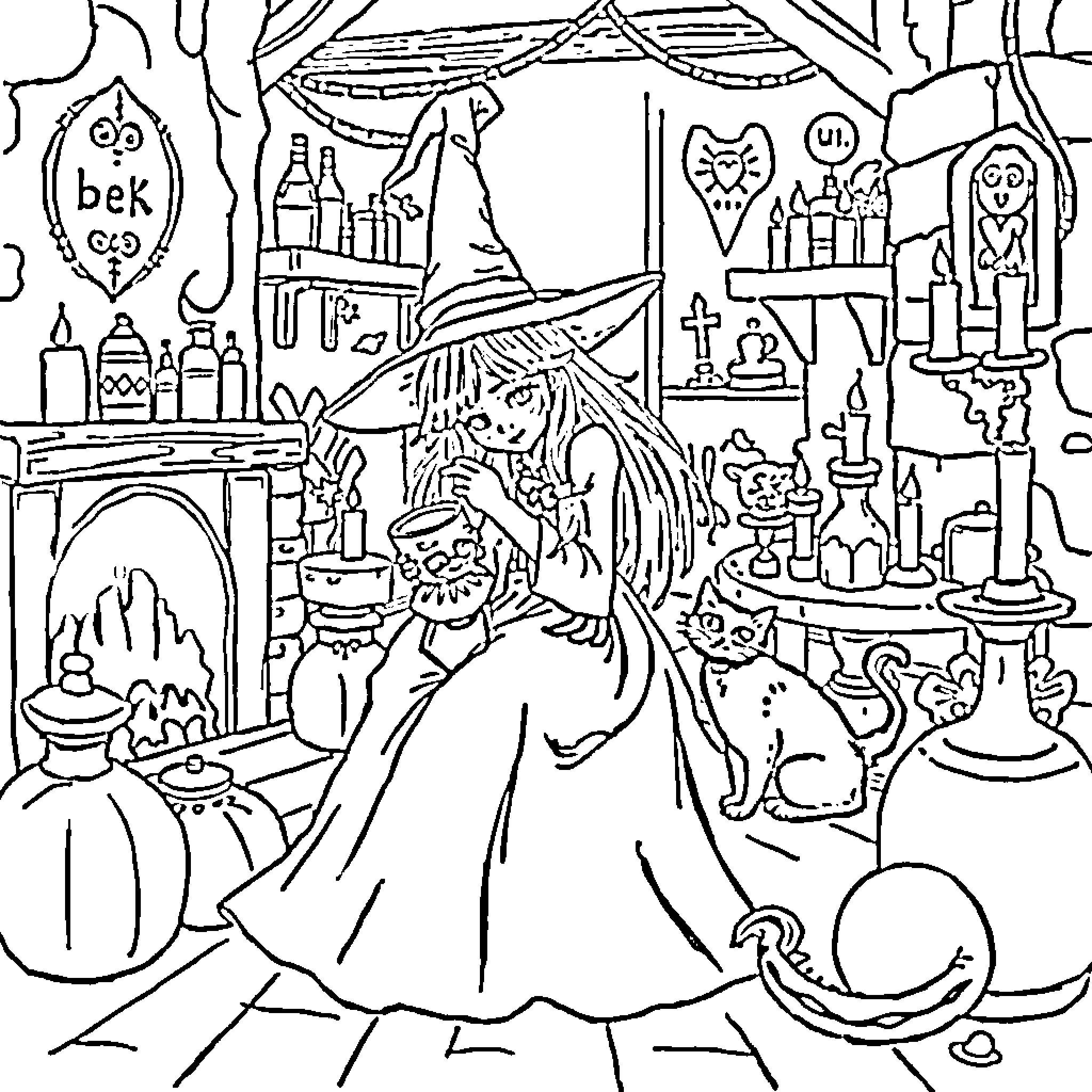 Witch brewing potions in her magical workshop Coloring Page (free black-and-white line drawing printable PDF for all, from beginners to advanced learners, including children, teens, adults, and seniors)