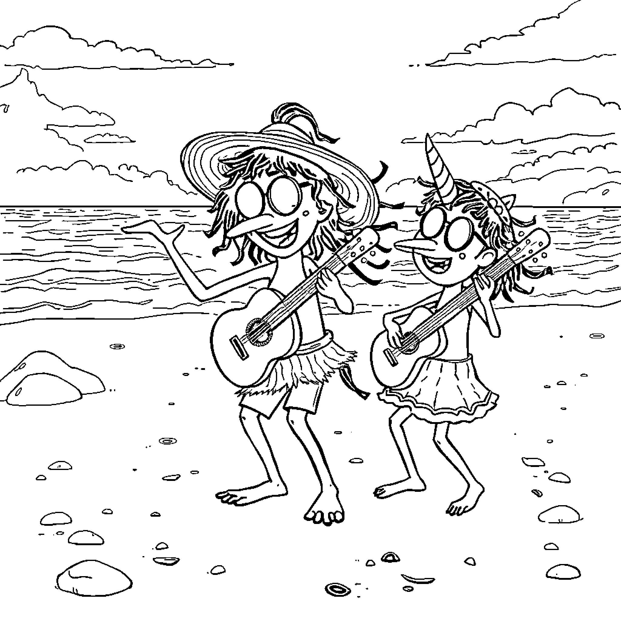 Bombardiro's Playful Beach Jam Coloring Page (free black-and-white line drawing printable PDF for all, from beginners to advanced learners, including children, teens, adults, and seniors)