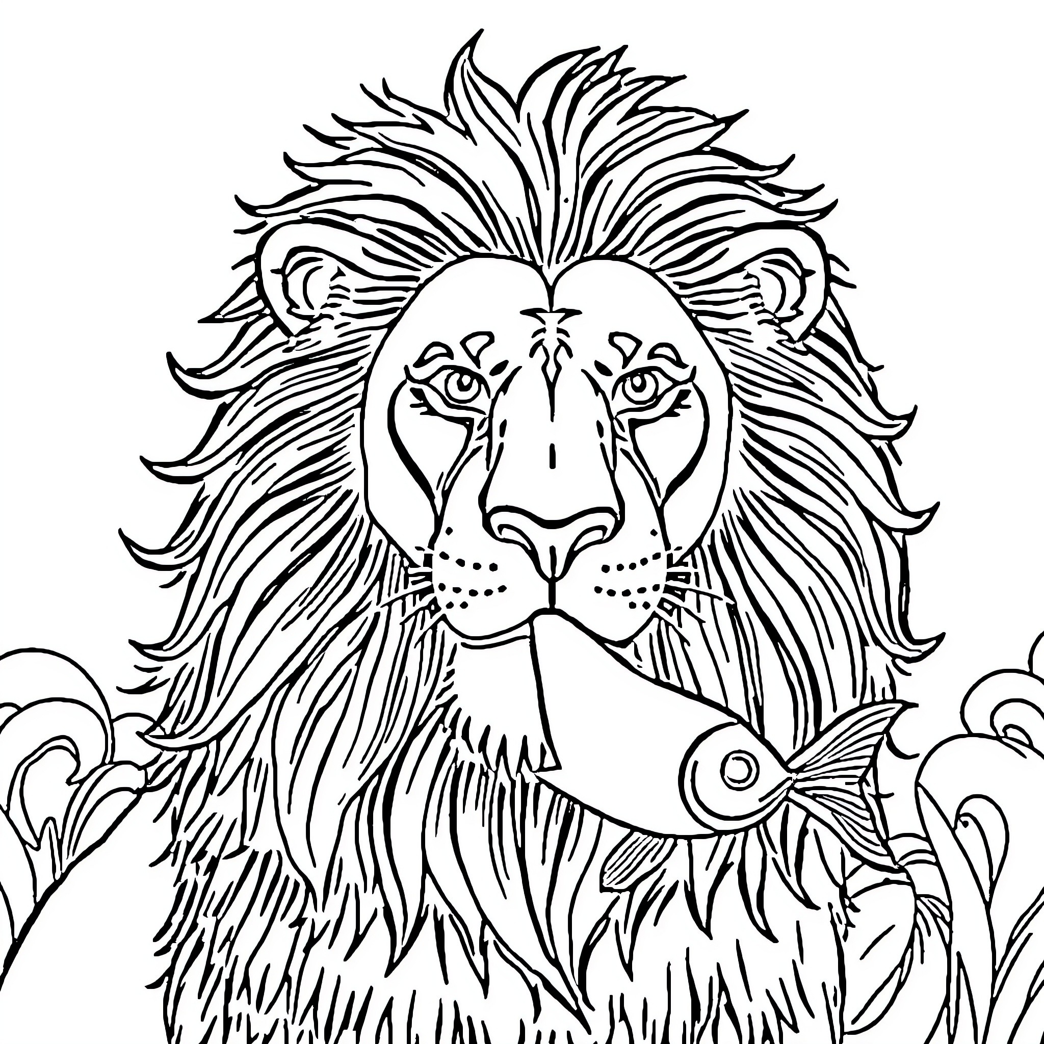 Lion with intricate mane and playful fish Coloring Page (free black-and-white line drawing printable PDF for all, from beginners to advanced learners, including children, teens, adults, and seniors)