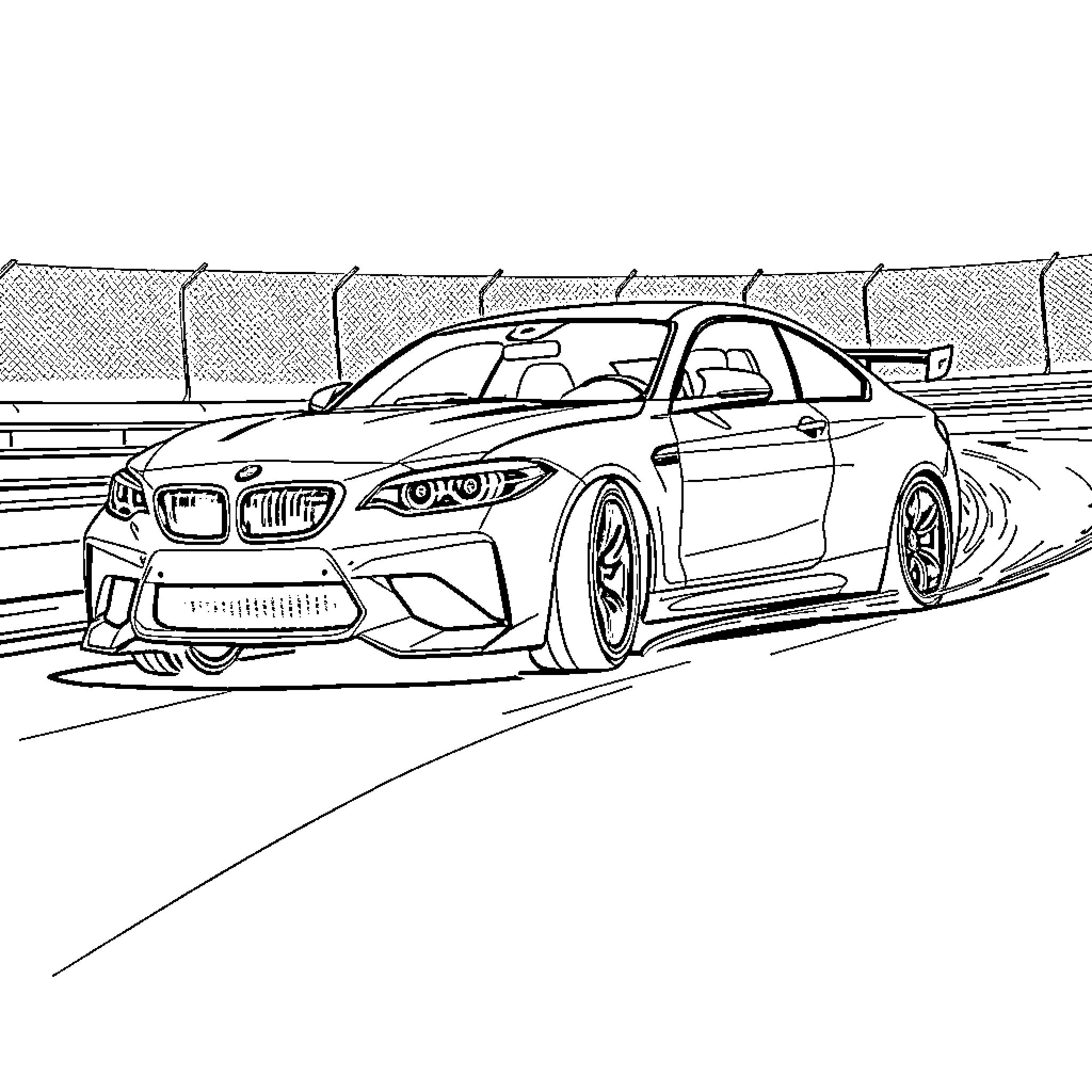 BMW M2 speeding on the racetrack Coloring Page (free black-and-white line drawing printable PDF for all, from beginners to advanced learners, including children, teens, adults, and seniors)