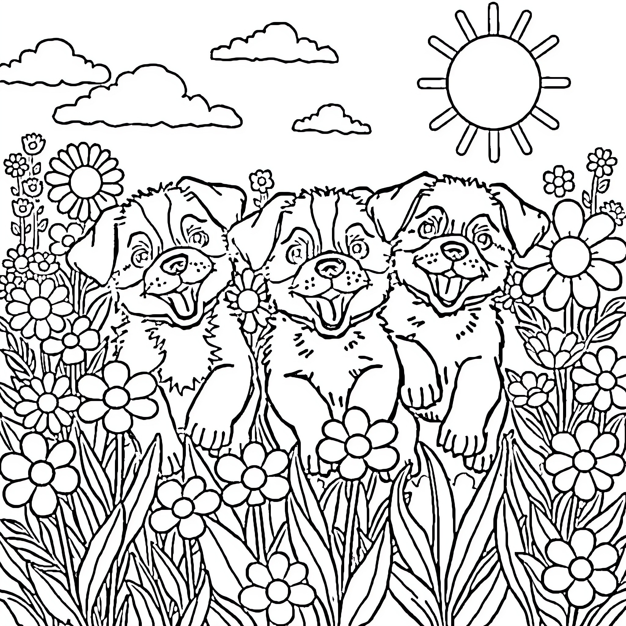 Puppy playing in a sunny floral garden Coloring Page (free black-and-white line drawing printable PDF for all, from beginners to advanced learners, including children, teens, adults, and seniors)