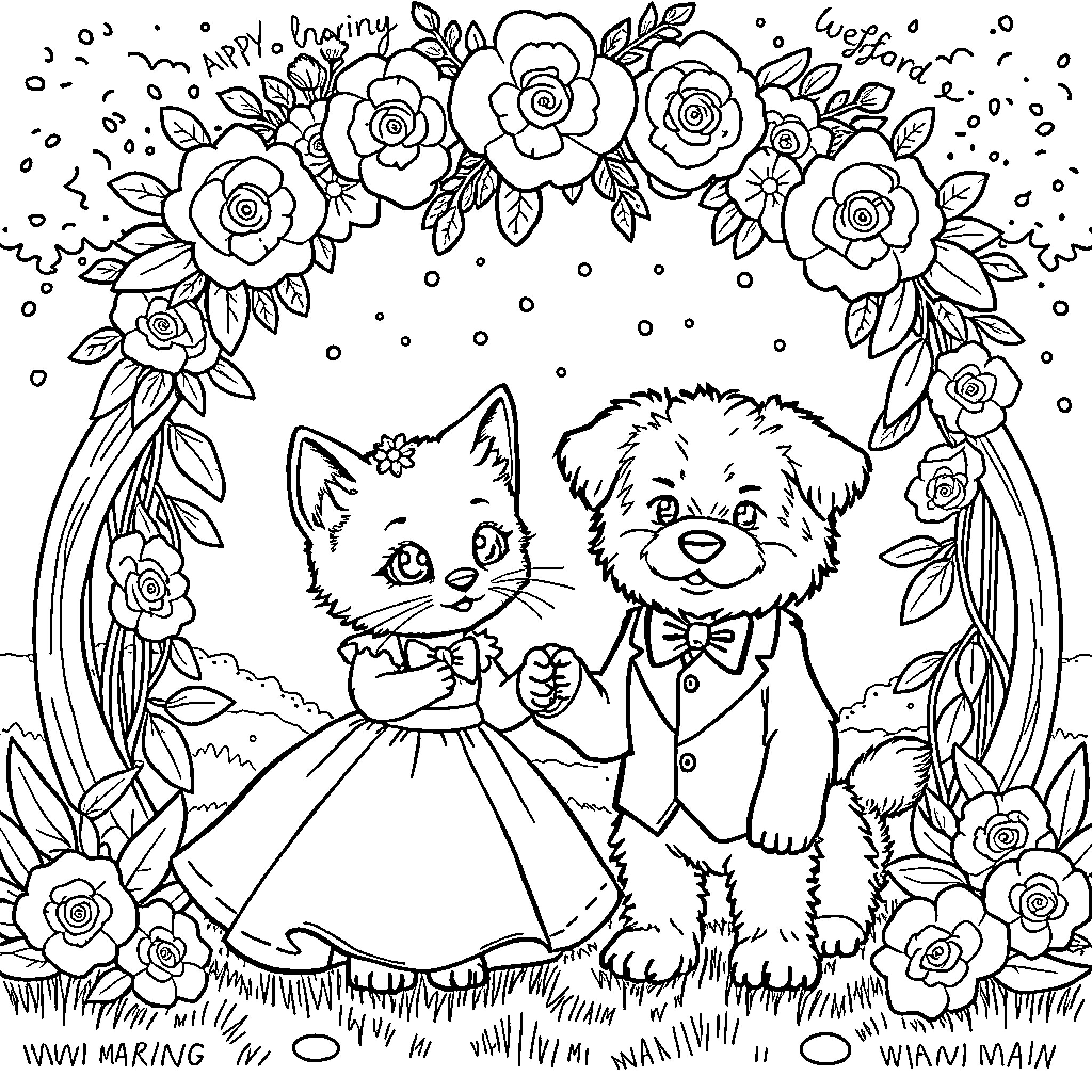 Kitty and Puppy in a Floral Wonderland Coloring Page (free black-and-white line drawing printable PDF for all, from beginners to advanced learners, including children, teens, adults, and seniors)