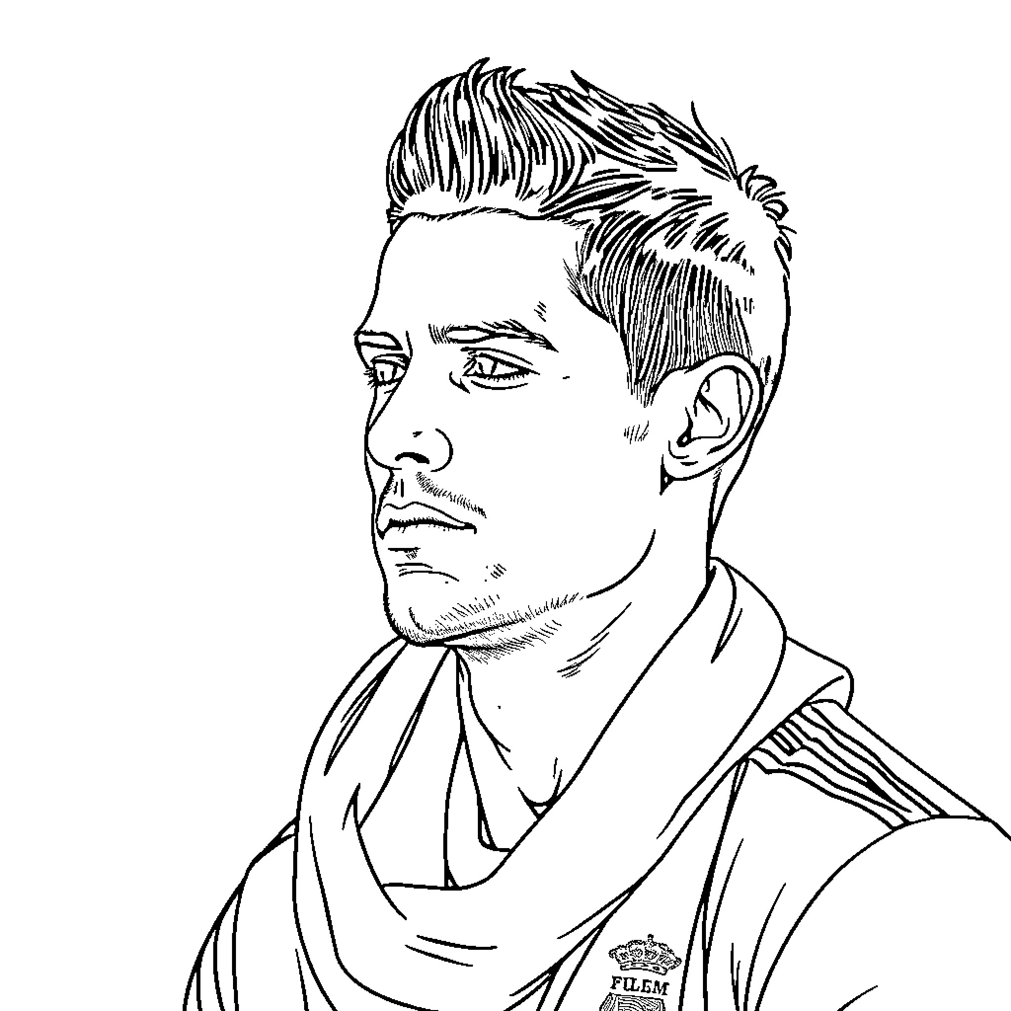 Ronaldo in a Pensive Pose Coloring Page (free black-and-white line drawing printable PDF for all, from beginners to advanced learners, including children, teens, adults, and seniors)