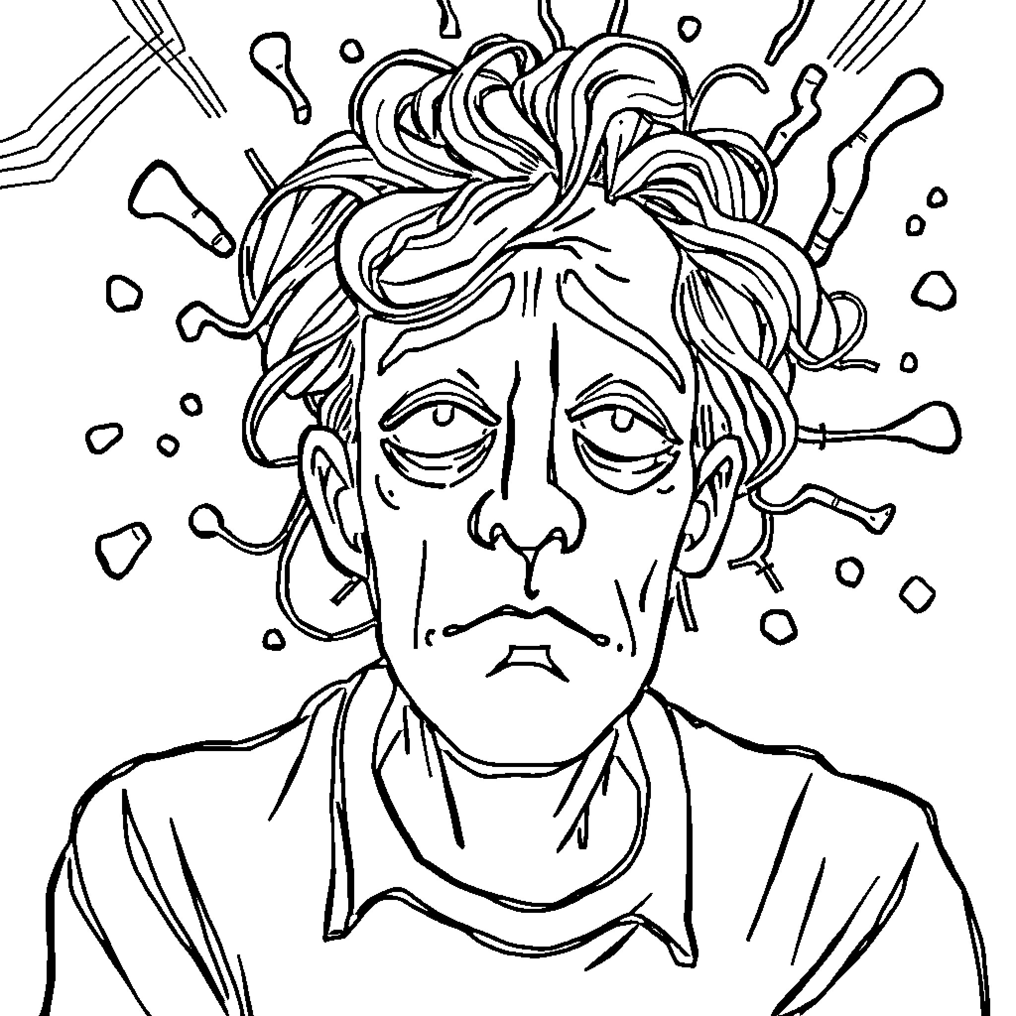 Brainrot: Distressed Man with Chaotic Thoughts Coloring Page (free black-and-white line drawing printable PDF for all, from beginners to advanced learners, including children, teens, adults, and seniors)