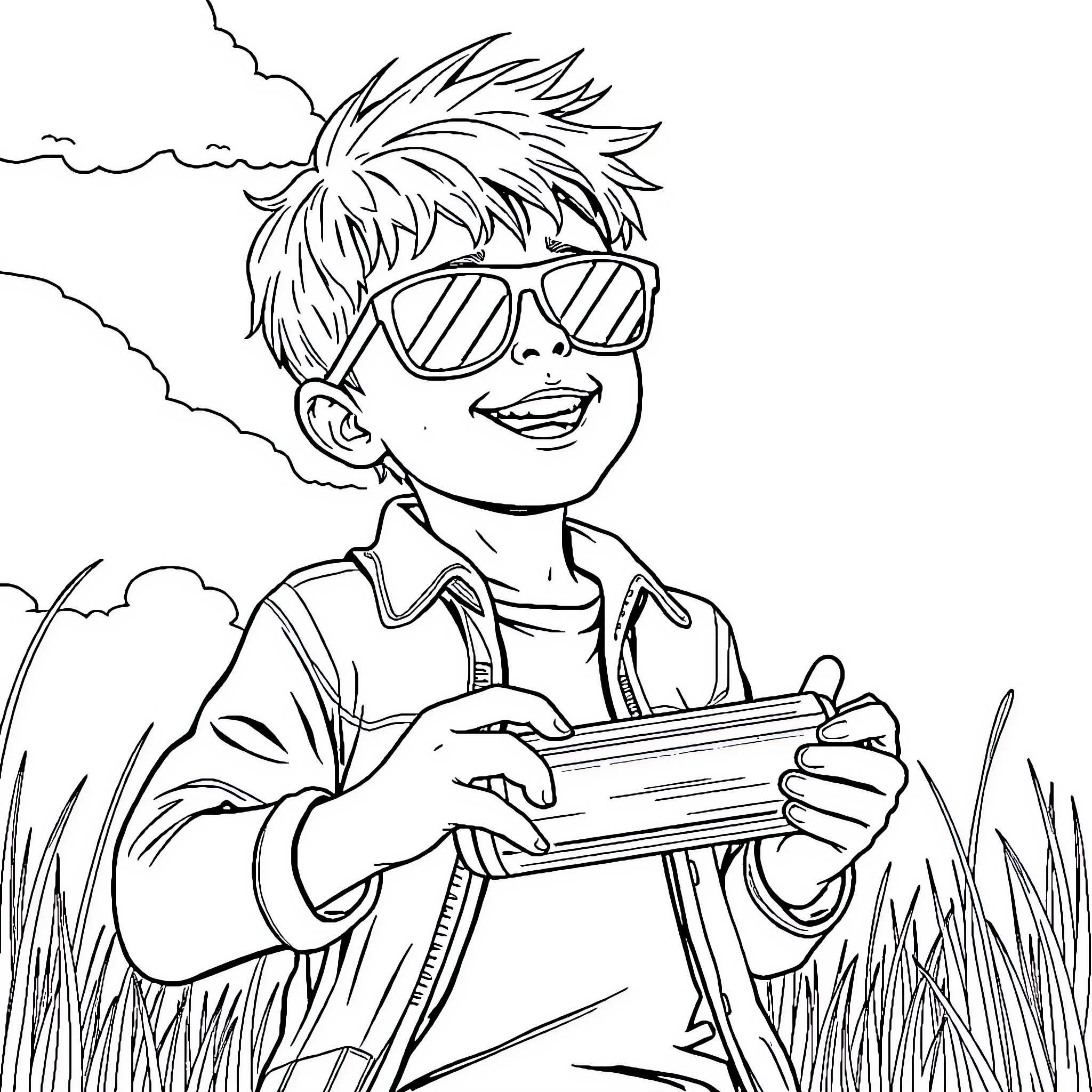 Kid playing with handheld video game outdoors Coloring Page (free black-and-white line drawing printable PDF for all, from beginners to advanced learners, including children, teens, adults, and seniors)