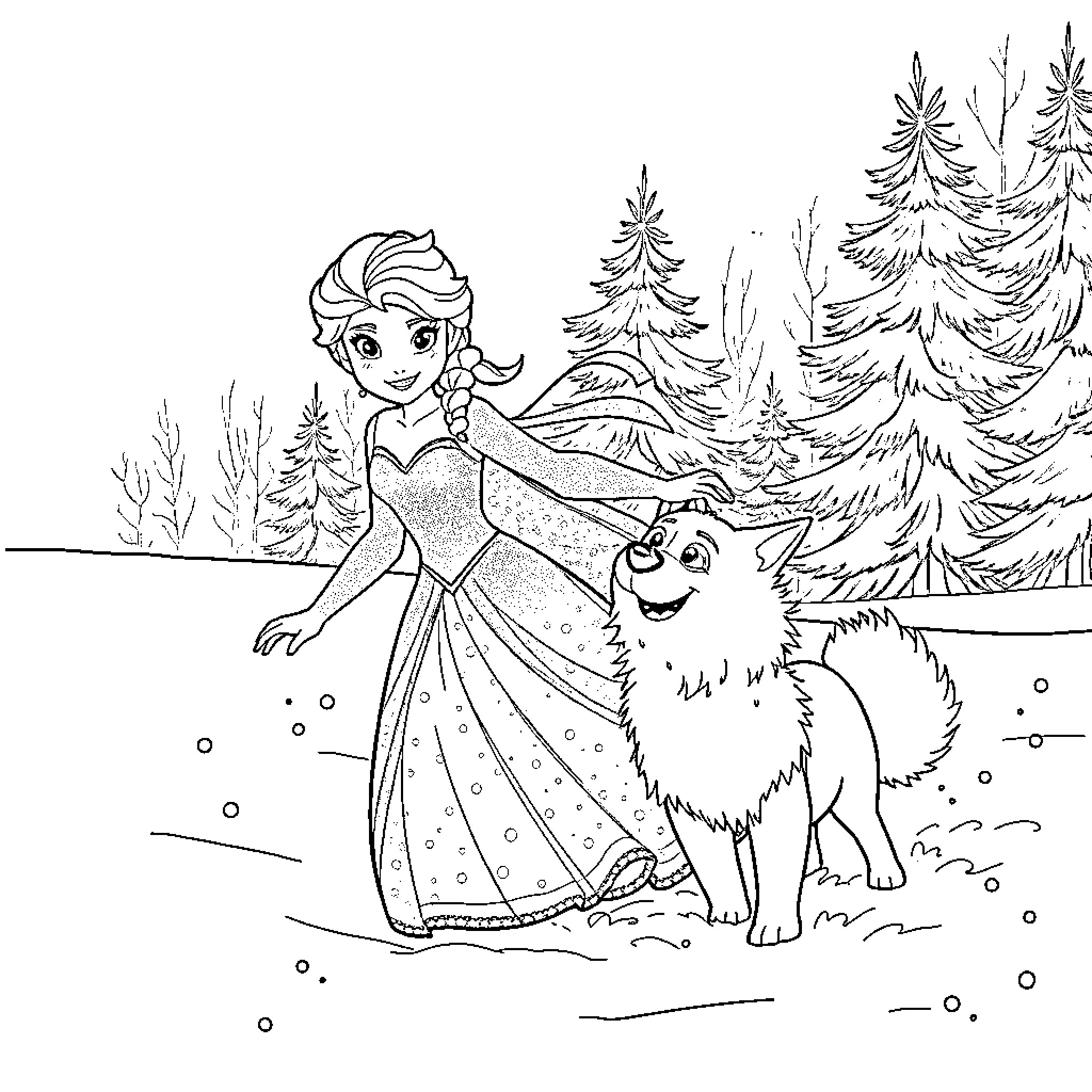 Elsa playing in the snowy forest with her pet Coloring Page (free black-and-white line drawing printable PDF for all, from beginners to advanced learners, including children, teens, adults, and seniors)