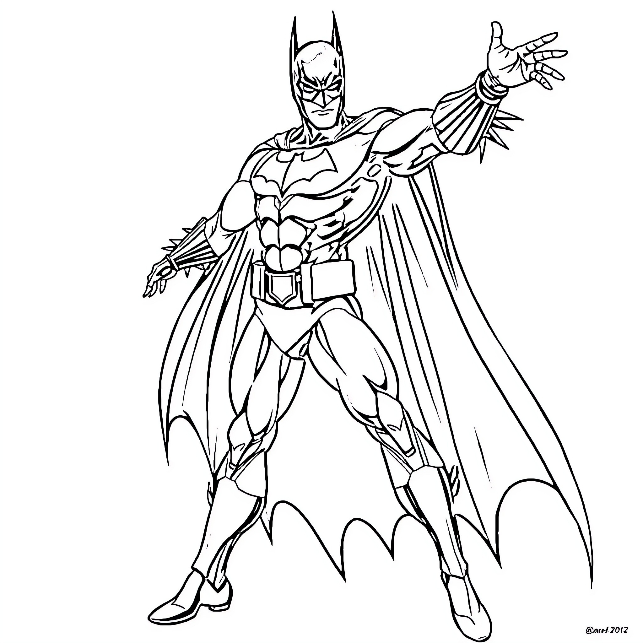 Batman in heroic action pose Coloring Page (free black-and-white line drawing printable PDF for all, from beginners to advanced learners, including children, teens, adults, and seniors)