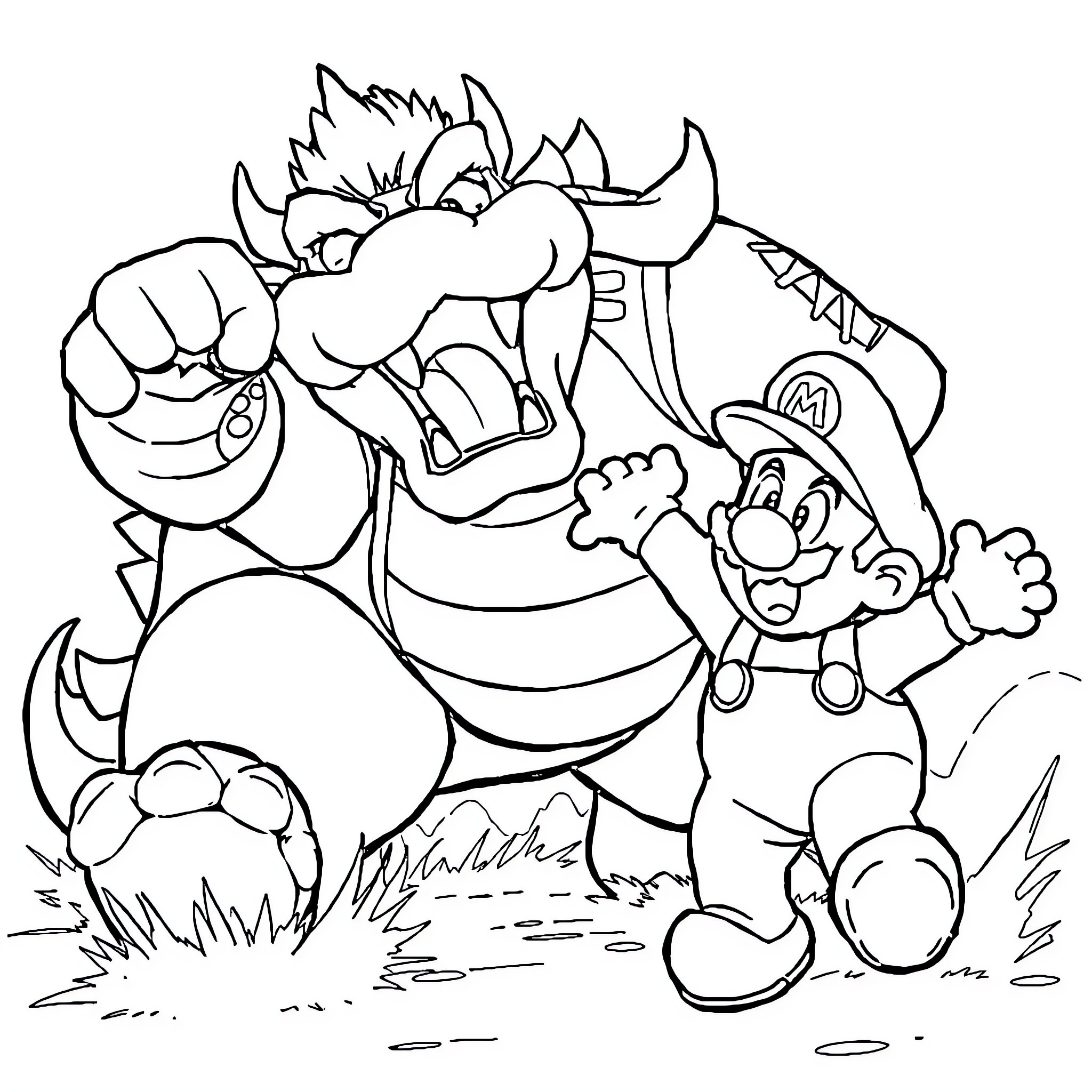 Bowser chasing Mario in playful interaction Coloring Page (free black-and-white line drawing printable PDF for all, from beginners to advanced learners, including children, teens, adults, and seniors)