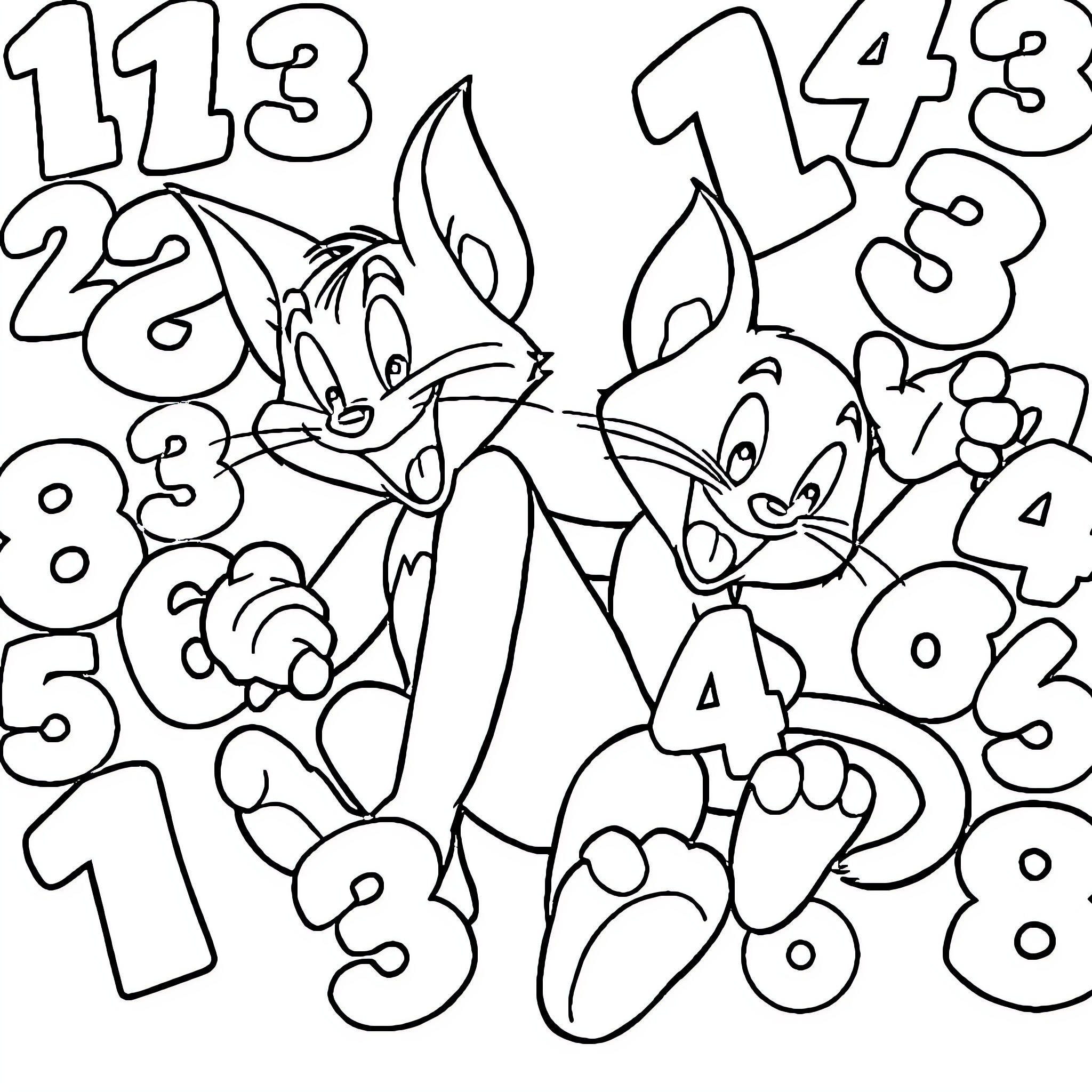Tom and Jerry's Numerical Adventure Coloring Page (free black-and-white line drawing printable PDF for all, from beginners to advanced learners, including children, teens, adults, and seniors)