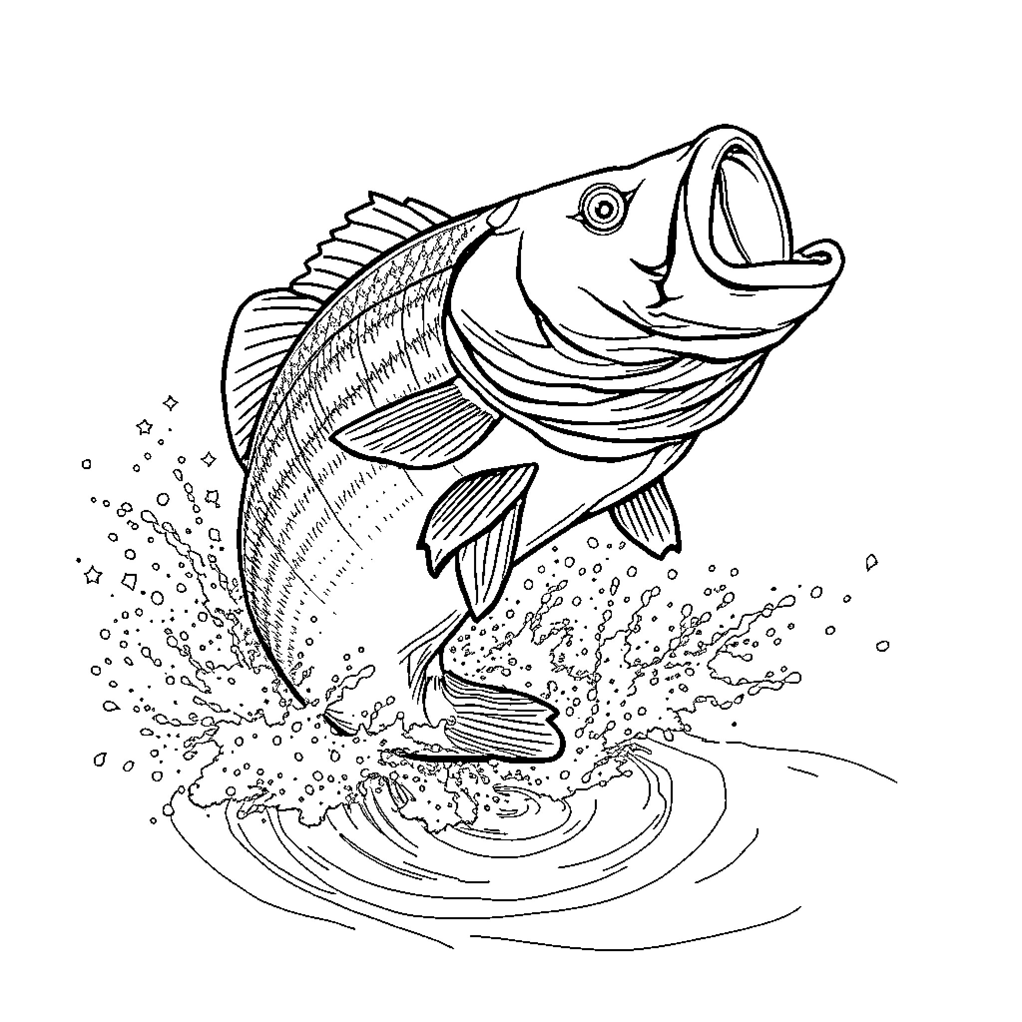 Bass jumping out of the water Coloring Page (free black-and-white line drawing printable PDF for all, from beginners to advanced learners, including children, teens, adults, and seniors)