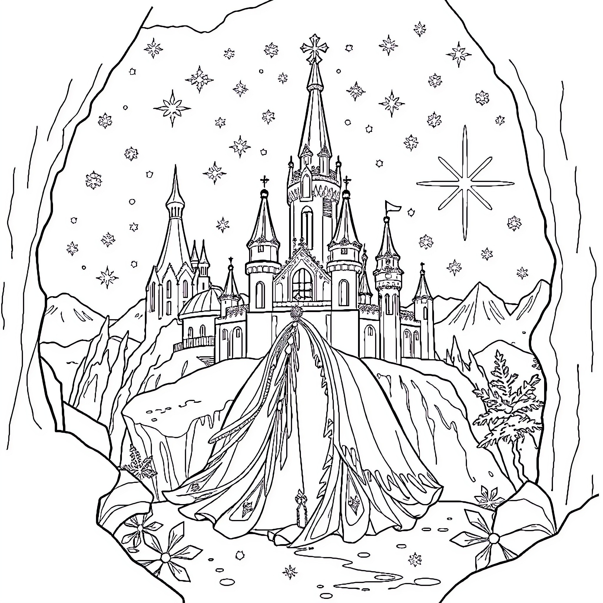 Snow Queen's Enchanting Winter Palace Coloring Page (free black-and-white line drawing printable PDF for all, from beginners to advanced learners, including children, teens, adults, and seniors)