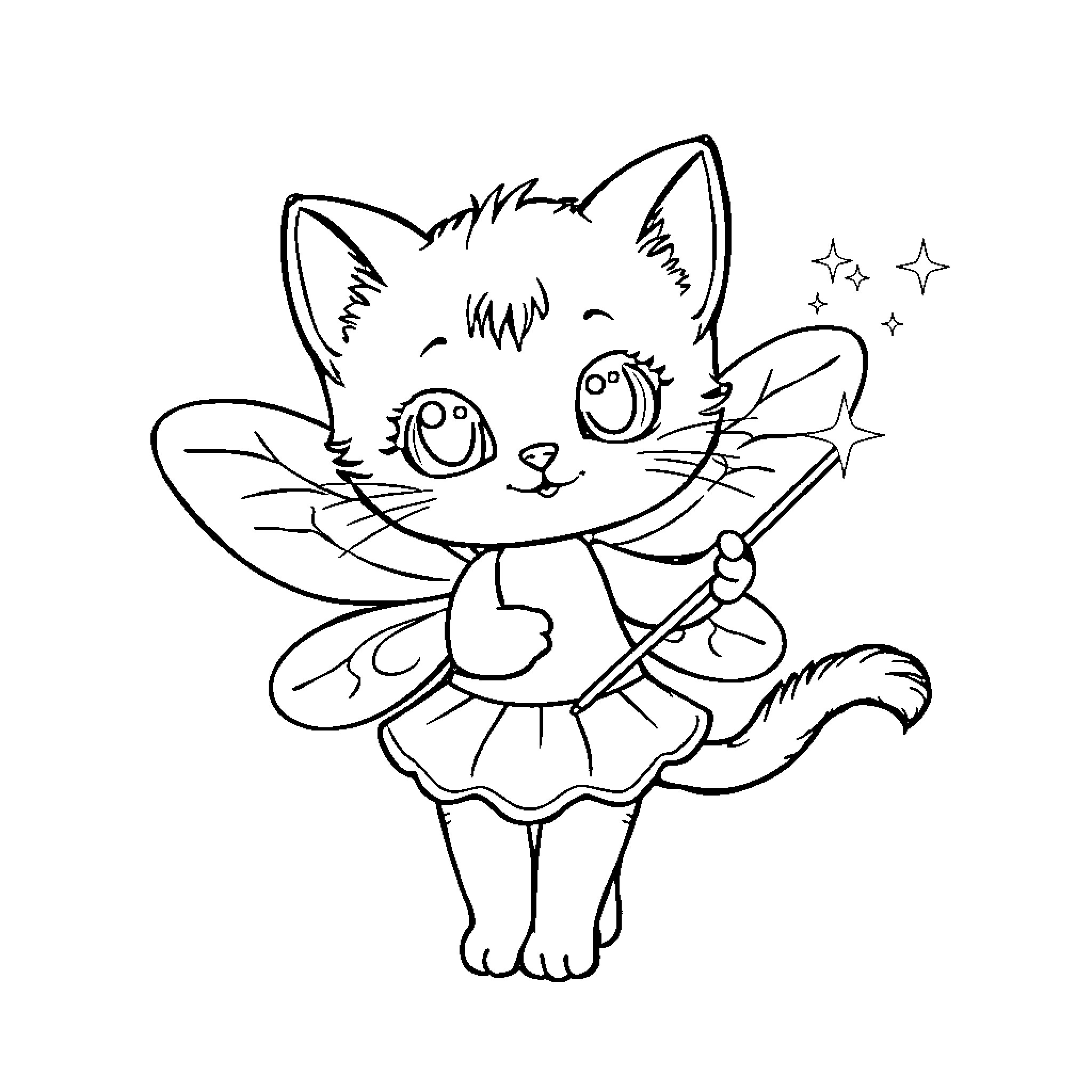 Kitty fairy holding a magic wand Coloring Page (free black-and-white line drawing printable PDF for all, from beginners to advanced learners, including children, teens, adults, and seniors)