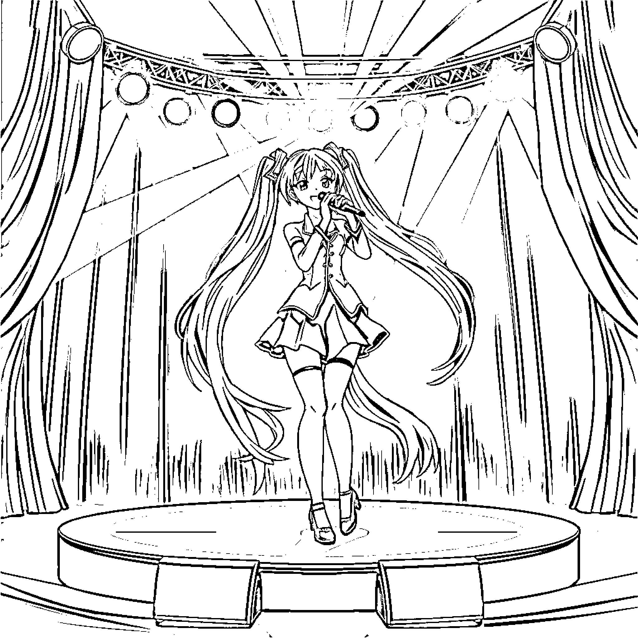 Miku Performing on a Stage Coloring Page (free black-and-white line drawing printable PDF for all, from beginners to advanced learners, including children, teens, adults, and seniors)
