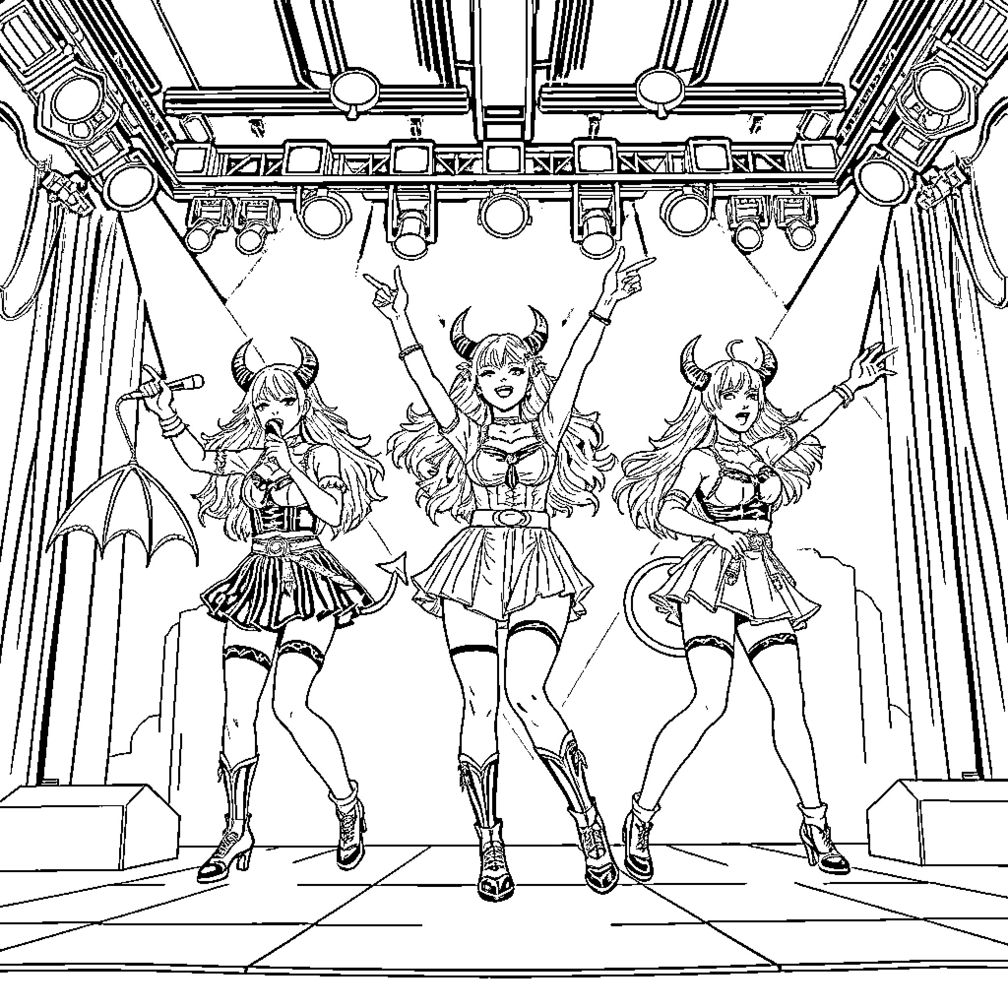 Kpop Dance Trio in Vibrant Costumes Coloring Page (free black-and-white line drawing printable PDF for all, from beginners to advanced learners, including children, teens, adults, and seniors)