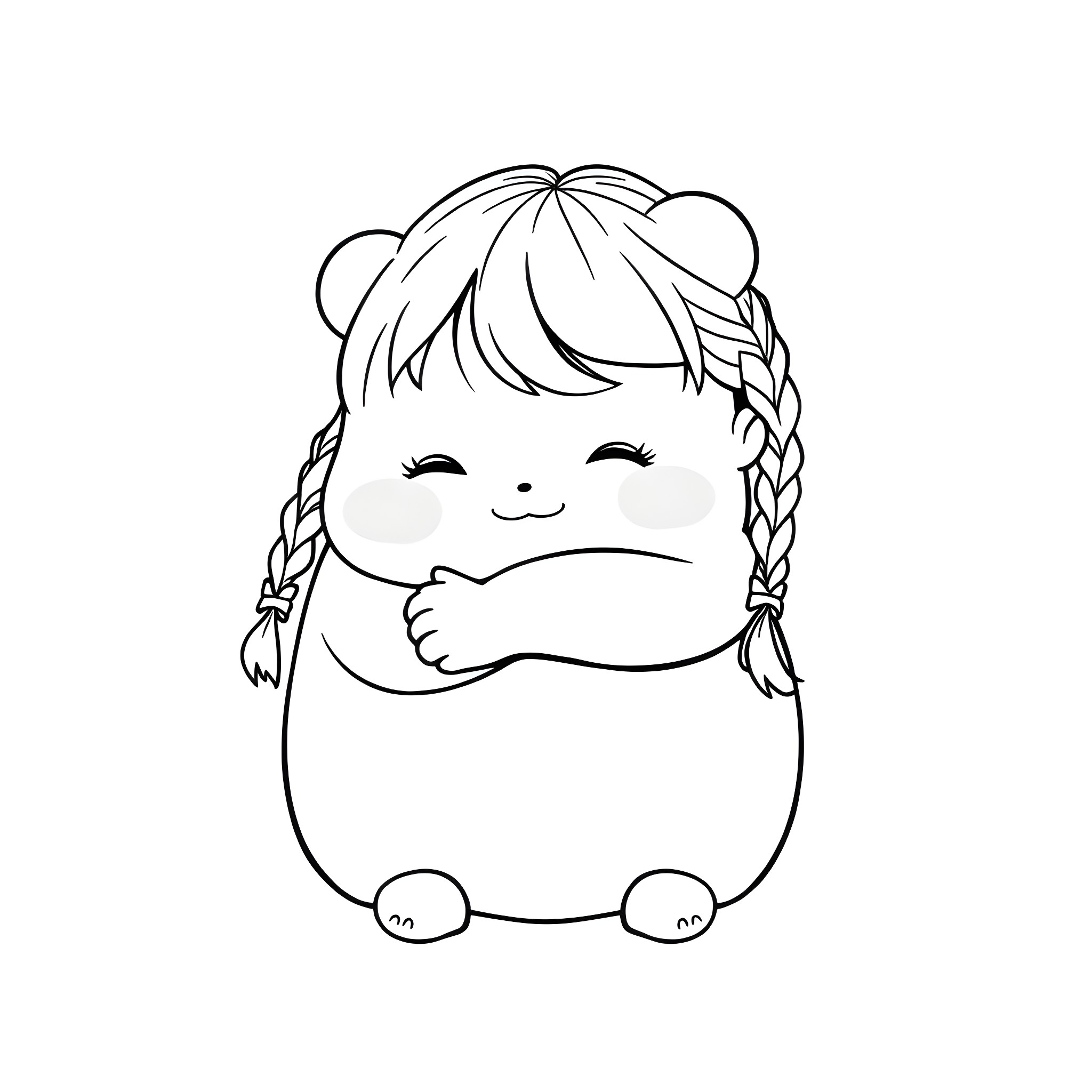 Squishmallow girl with braided hair smiling happily Coloring Page (free black-and-white line drawing printable PDF for all, from beginners to advanced learners, including children, teens, adults, and seniors)