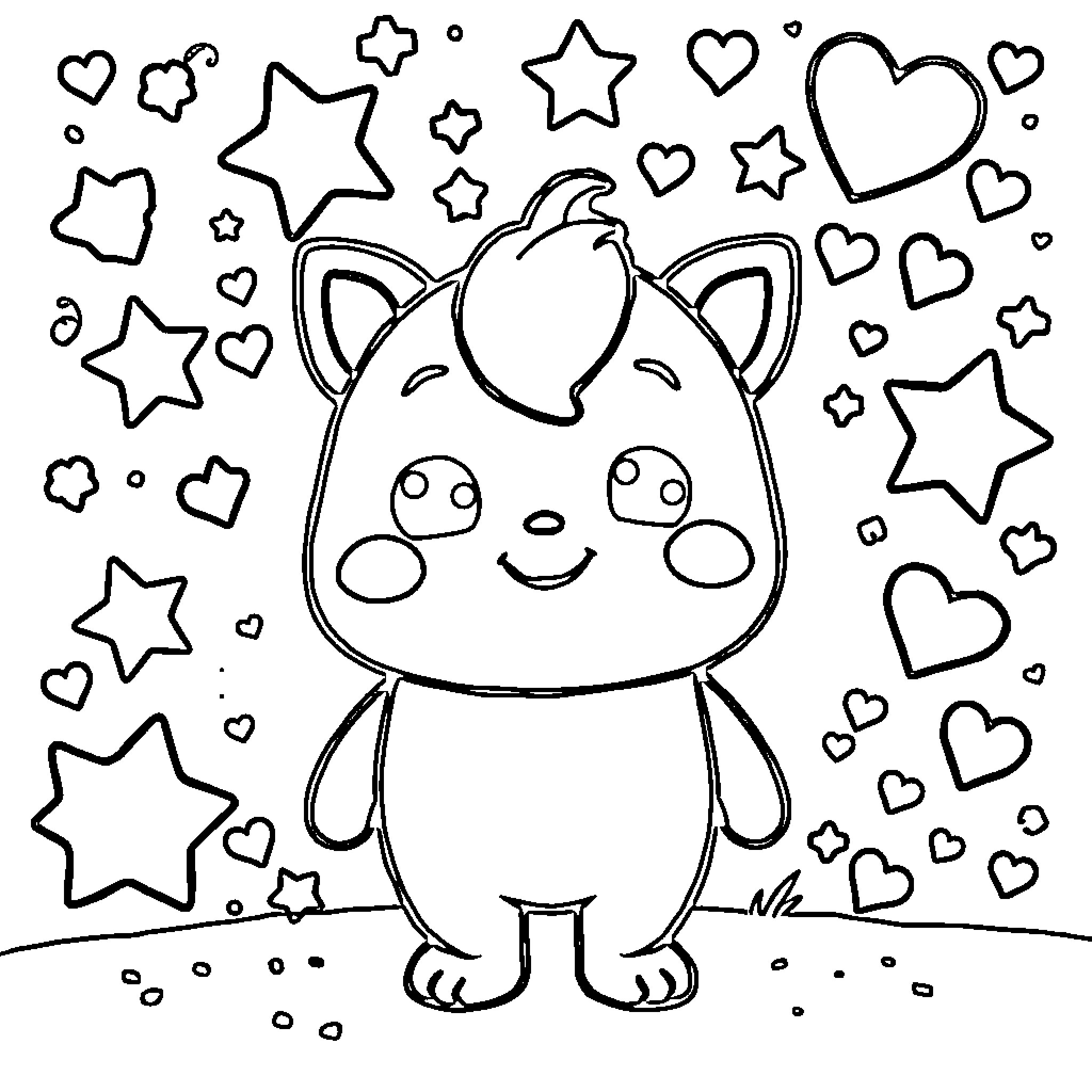 Kawaii Character surrounded by stars and hearts Coloring Page (free black-and-white line drawing printable PDF for all, from beginners to advanced learners, including children, teens, adults, and seniors)