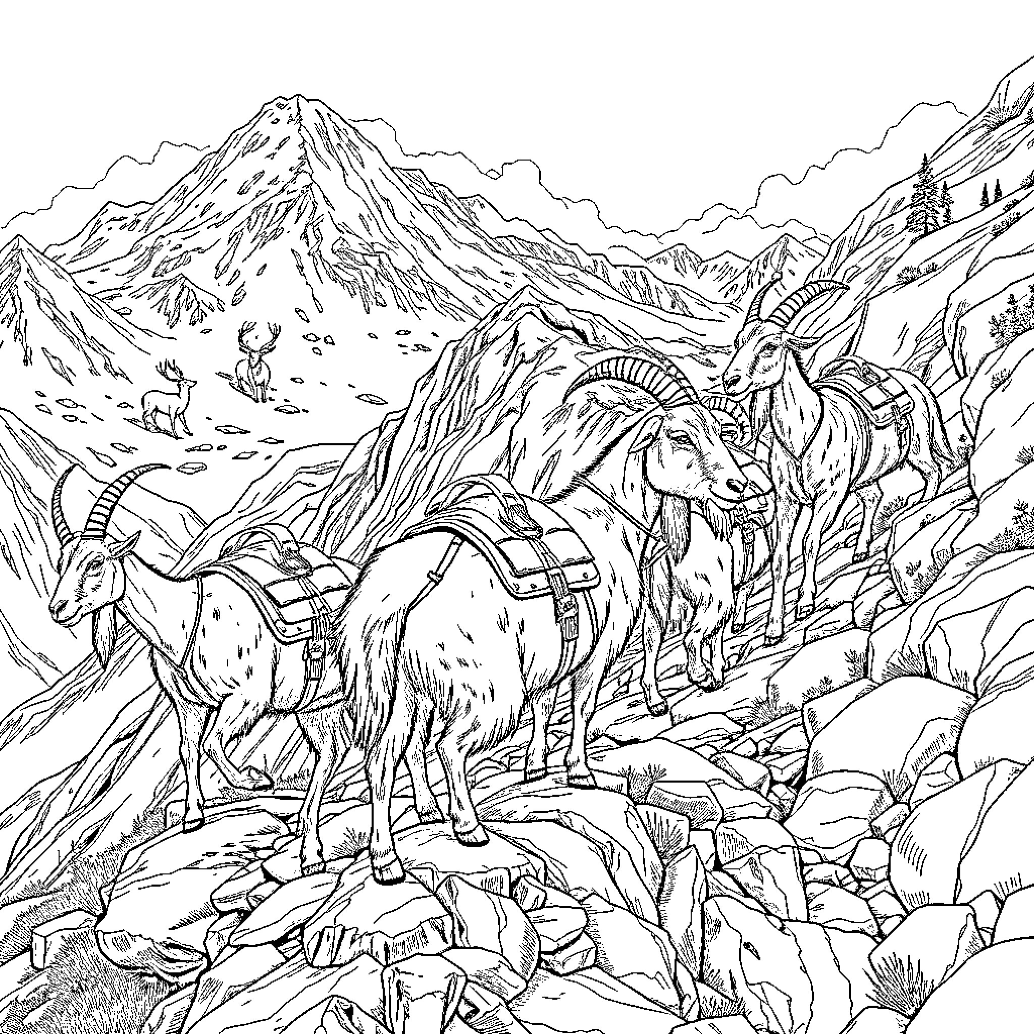 Goat Pack Traversing Rugged Mountain Landscape Coloring Page (free black-and-white line drawing printable PDF for all, from beginners to advanced learners, including children, teens, adults, and seniors)