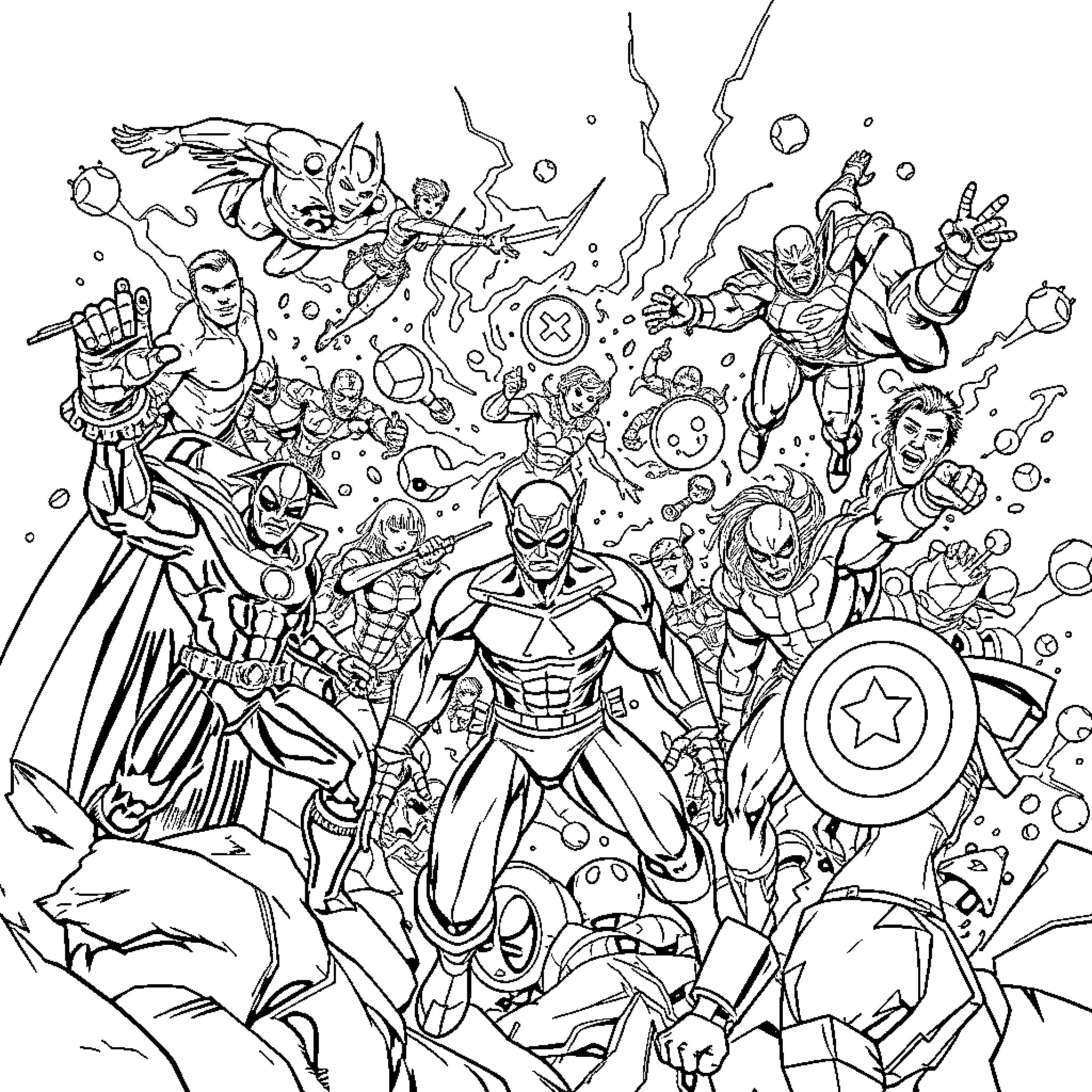 Marvel Heroes Assemble in Epic Battle Coloring Page (free black-and-white line drawing printable PDF for all, from beginners to advanced learners, including children, teens, adults, and seniors)